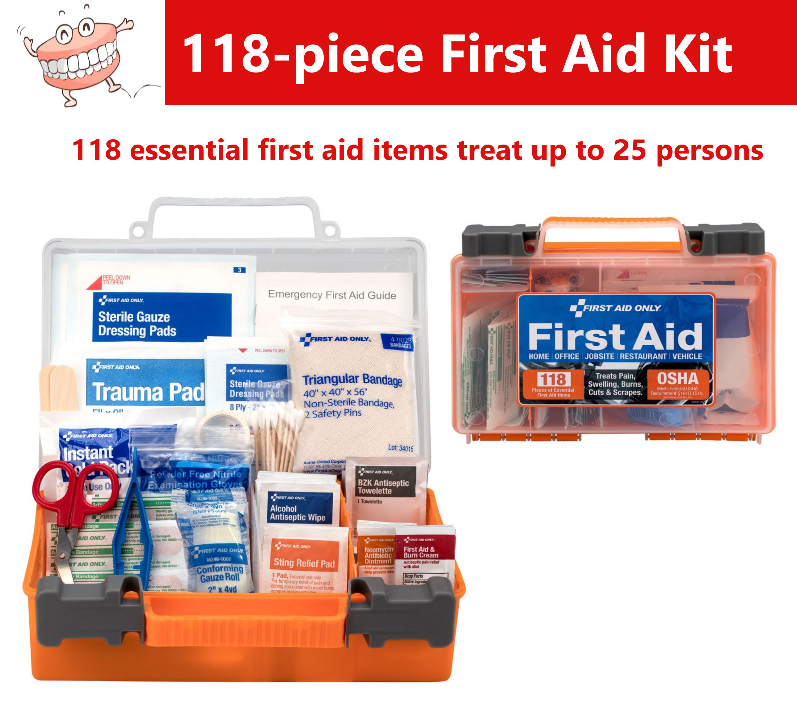118/Pcs First Aid Kit, Clear Front Cover 118-piece First Aid Bag, 25 persons