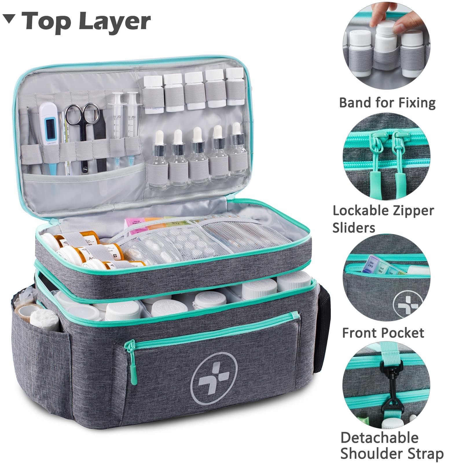 BAGSFY Travel Medicine Bag Organizer, Medical Double-Layer(Style A), Grey