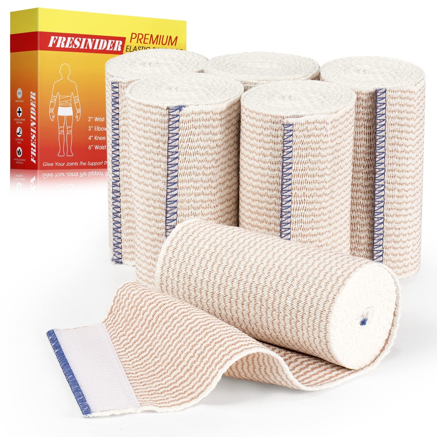 FRESINIDER Premium Elastic Bandage Wrap, 6 Pack 4" 4 Inch Wide, 6 X 4 Inches