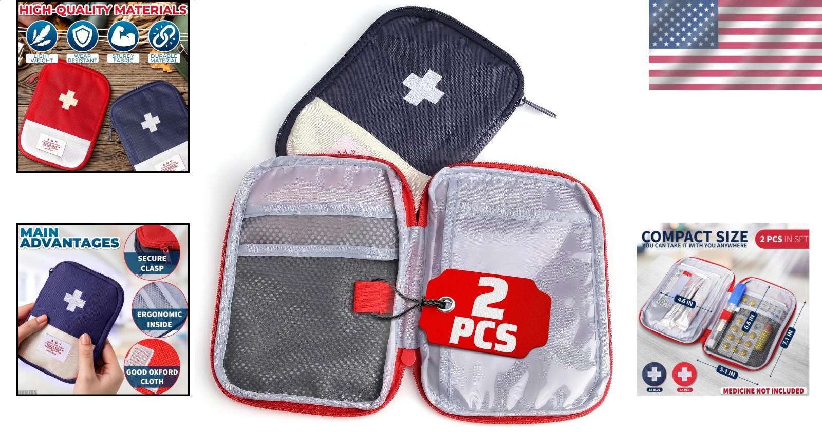2 Pcs Empty First Aid Bag Travel Portable Medical Pouch Zipper Closure Red Blue