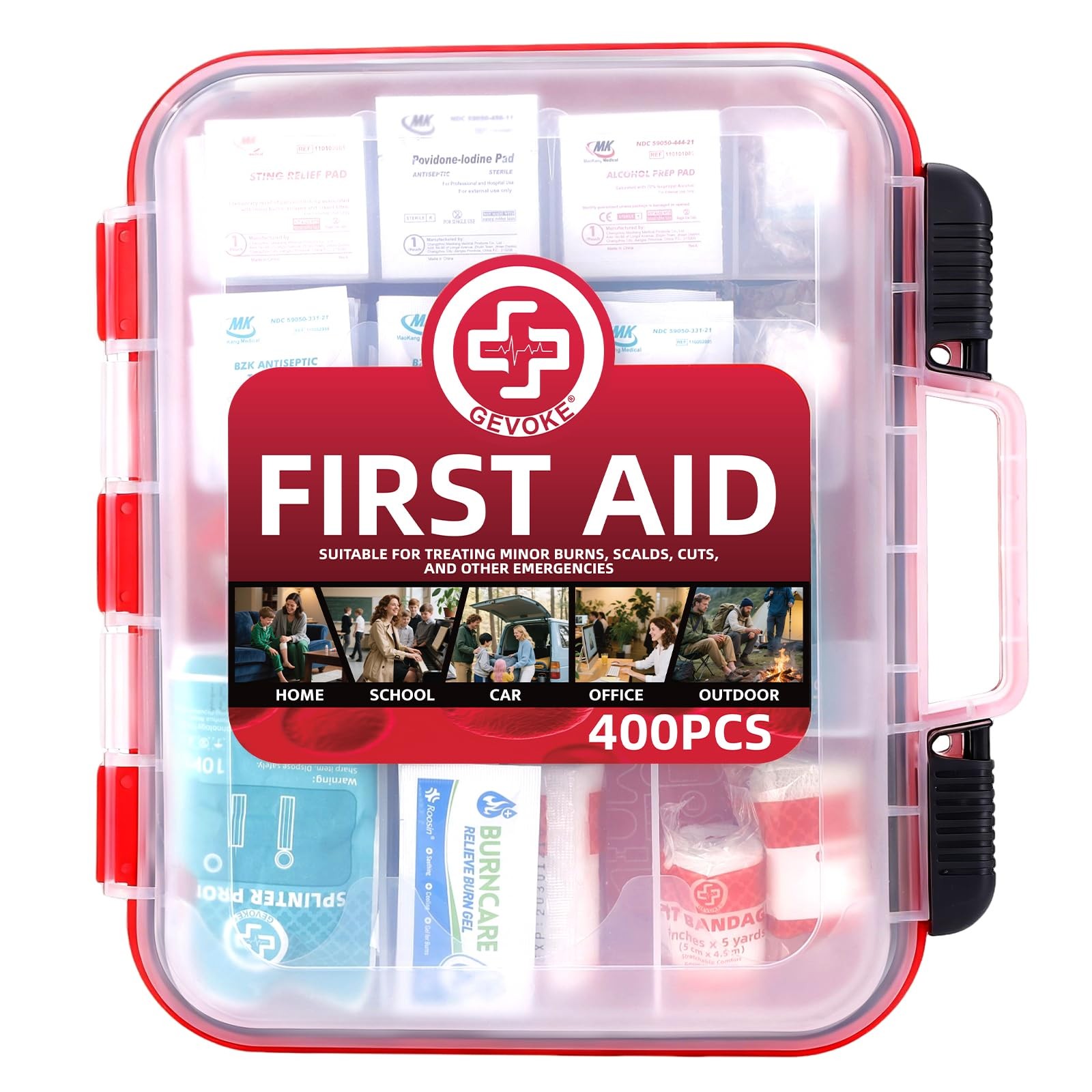 Gevoke 400 Pcs First Aid Kit Wall Mountable Hard Case Medical Home Office Car