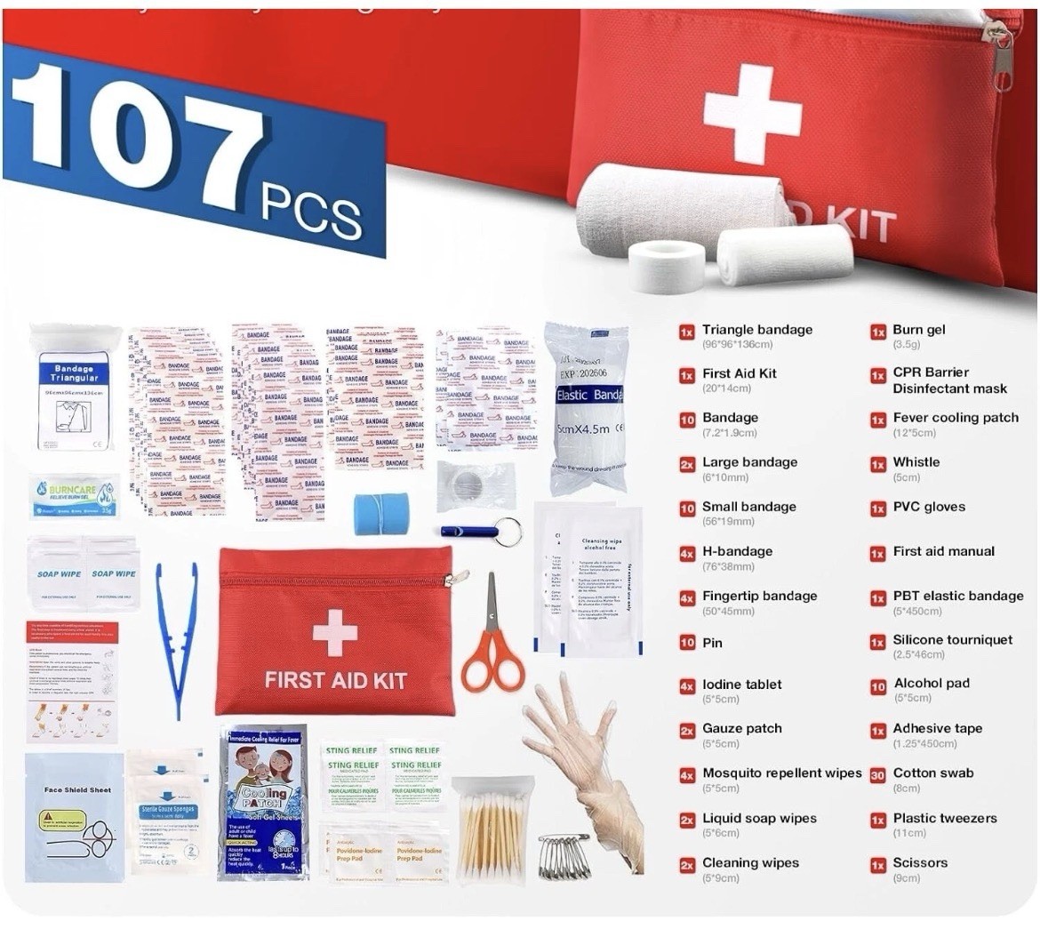 First Aid Kit Emergency Supplies Red Pouch Portable Medical Organizer 107 PCS