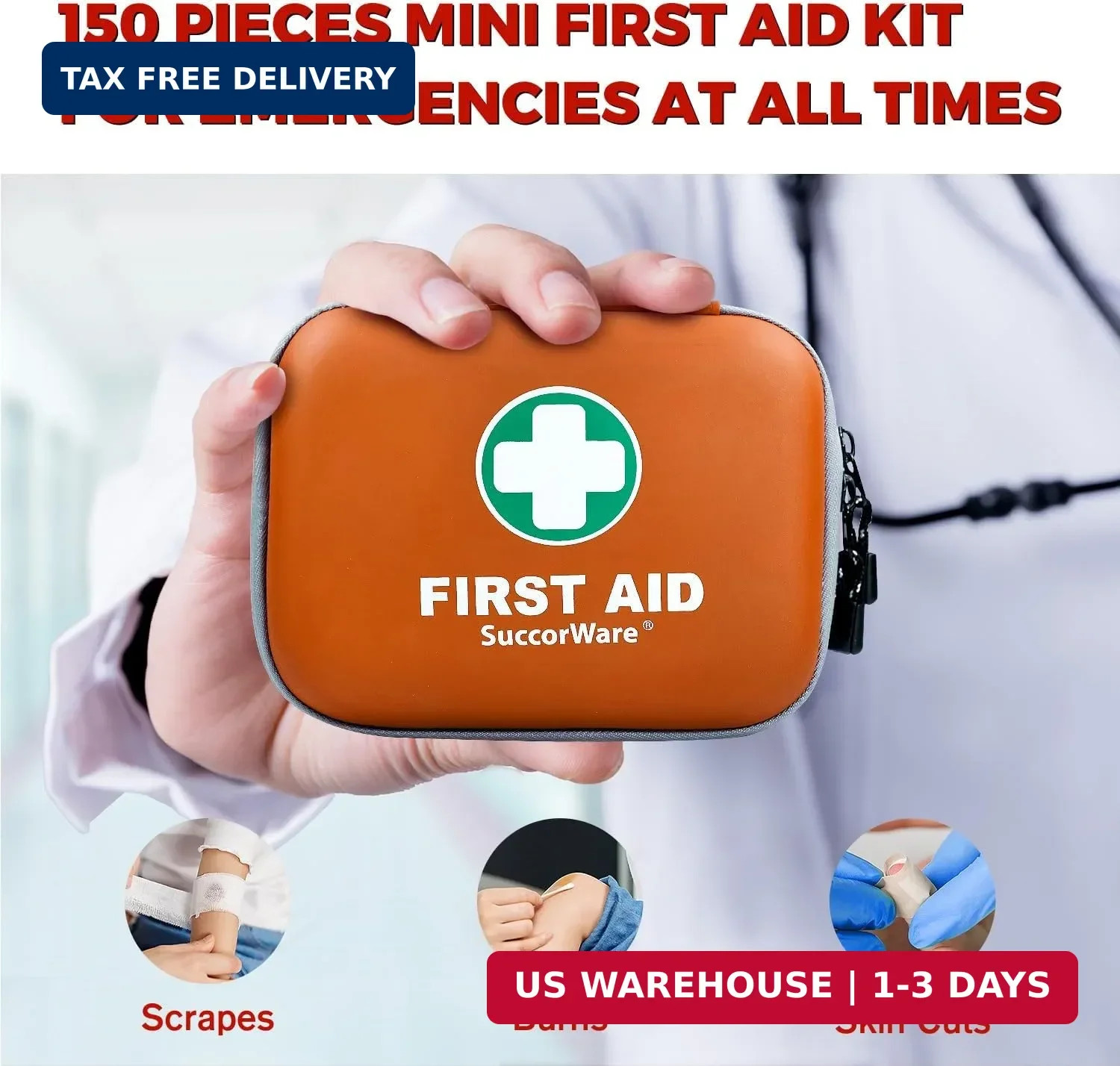 SuccorWare 150 Pieces Mini First Aid Kit – Small Medical Kit with Hard Shell – E