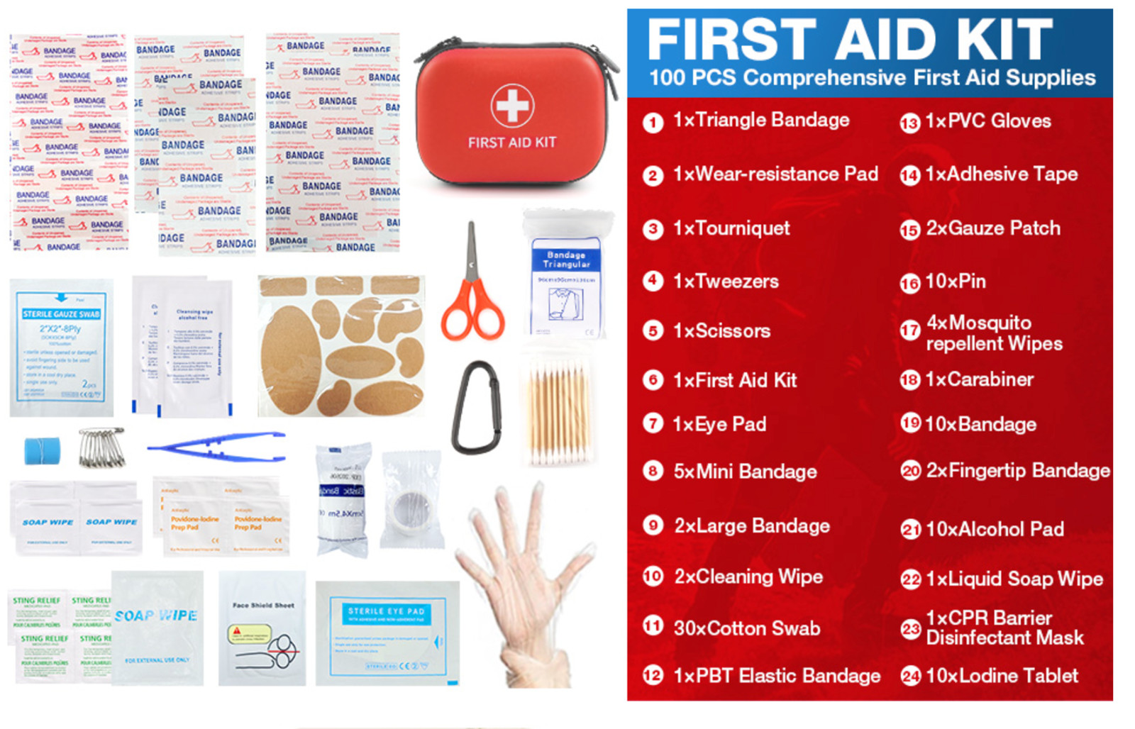 All-in-One Compact First Aid Kit with Waterproof Hard Shell Case – 100 PCS