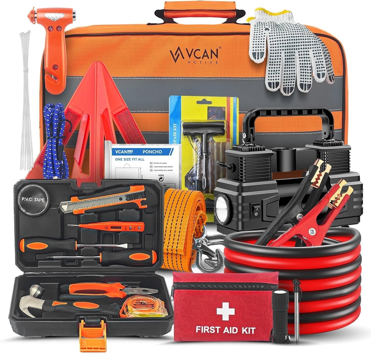 Car Emergency Kit with Portable Air Compressor, First Aid Kit, Jumper Cables, Ro