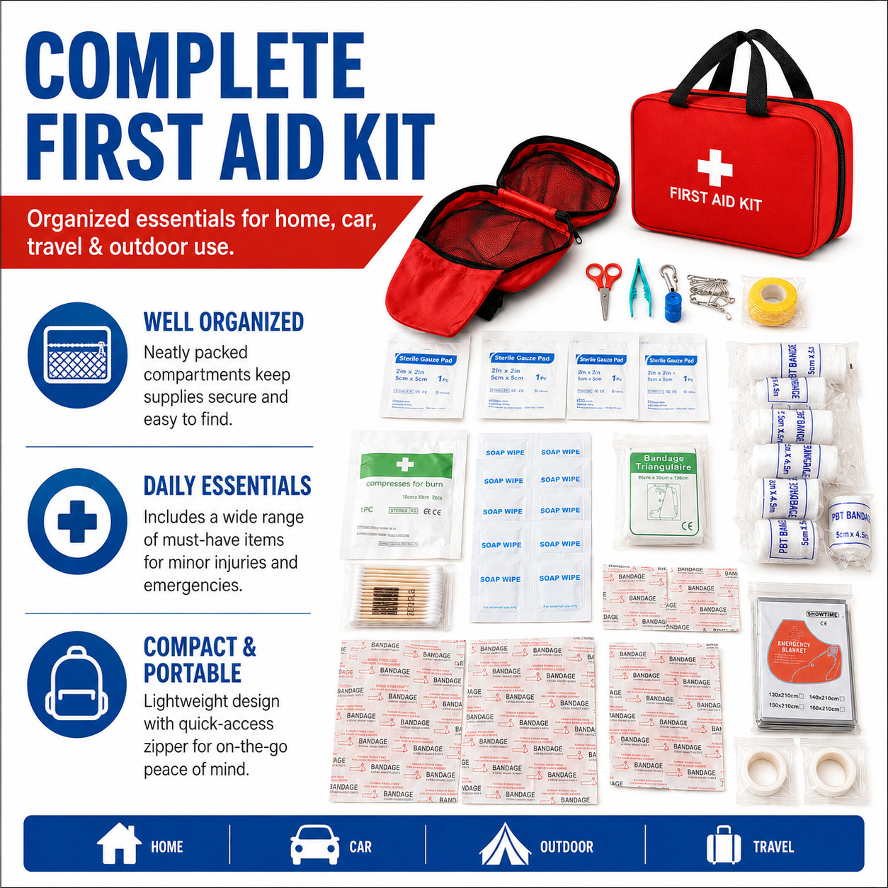 First Aid Kit Home Office Car Camping Hiking – 160 Piece