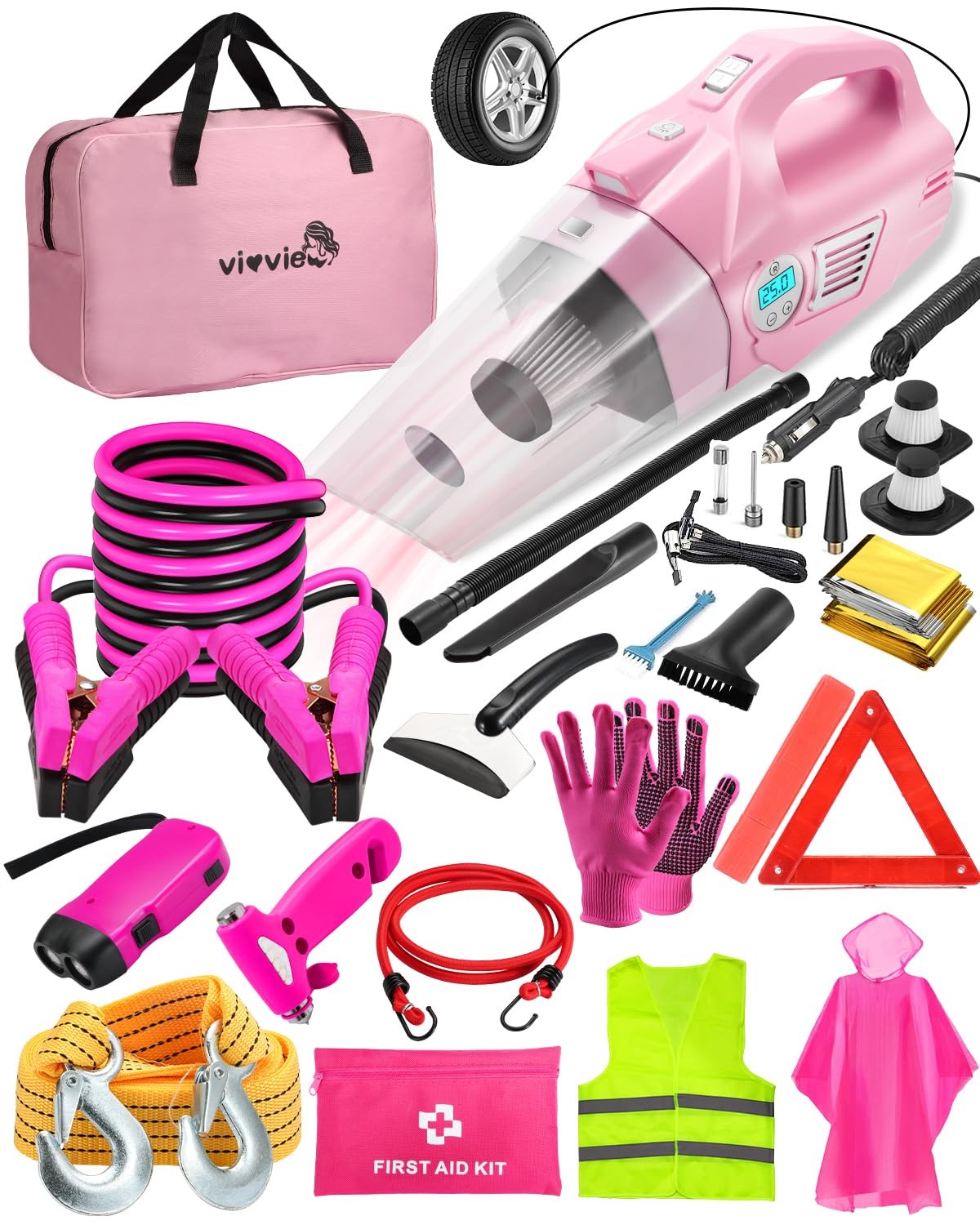 vioview Roadside Emergency Car kit for Vehicles, with 4 in 1 Inflatable Pink