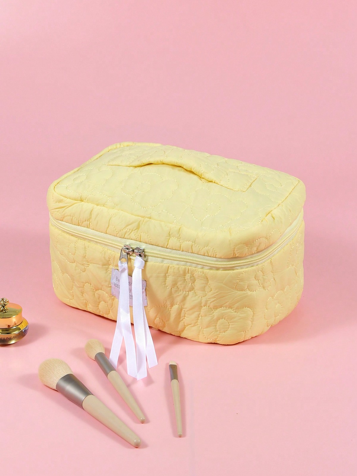 Mustard Yellow Floral Quilted Makeup Bag Large Capacity Travel Organizer