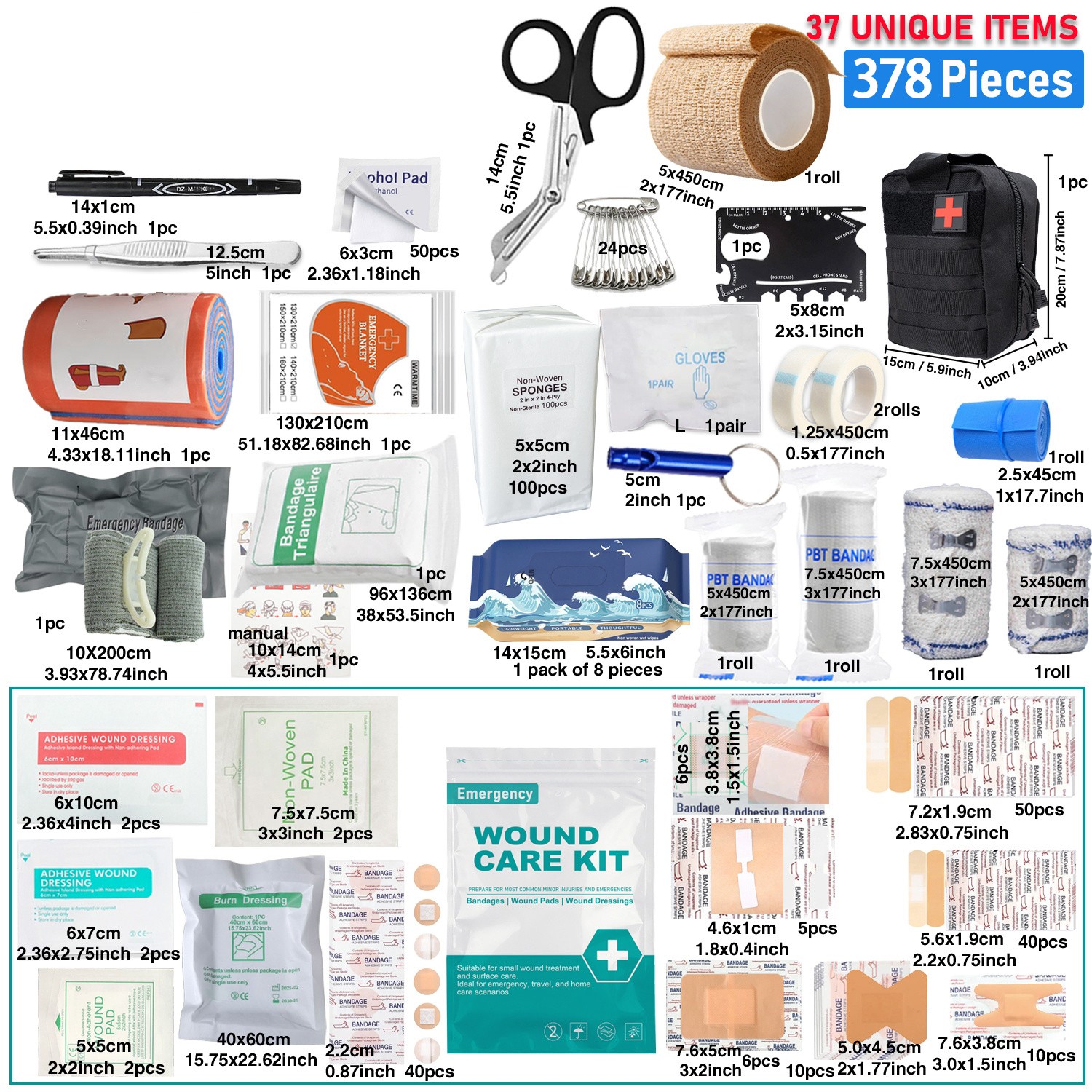378pcs Survival First Aid Kit Responder Car Emergency Medical Trauma Bag Home US