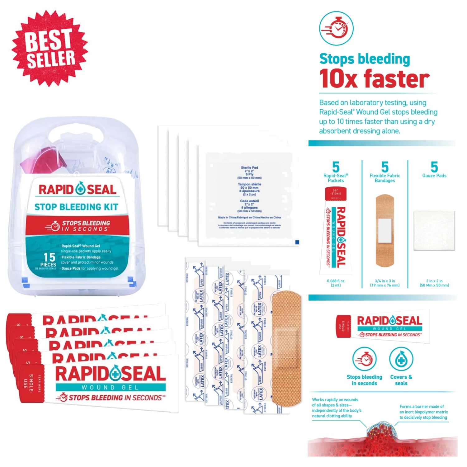 Rapid Seal First Aid 15-Pc Kit | Stop Bleeding Fast with Portable Supplies