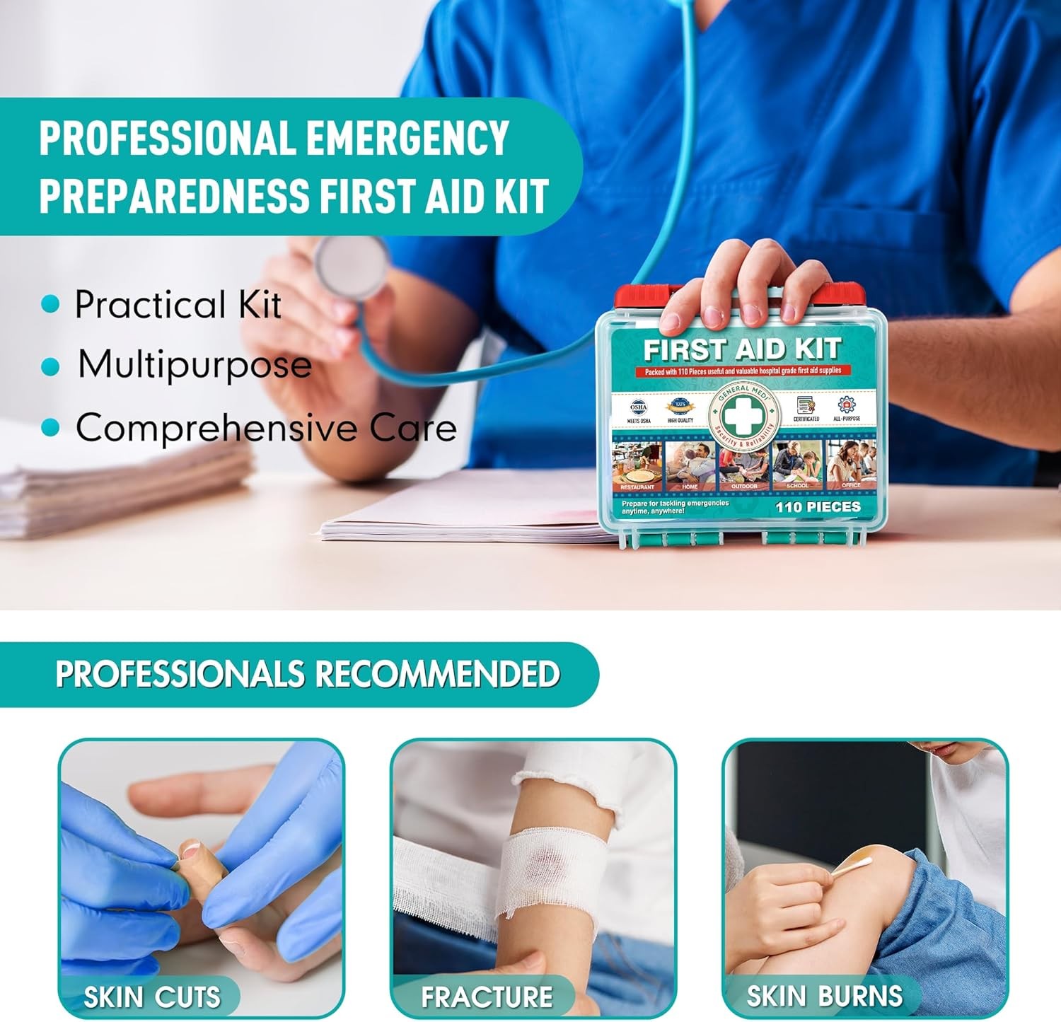 Emergency First Aid Kit 110 Pieces Hard Case Outdoor Ready for Travel, Vehicle
