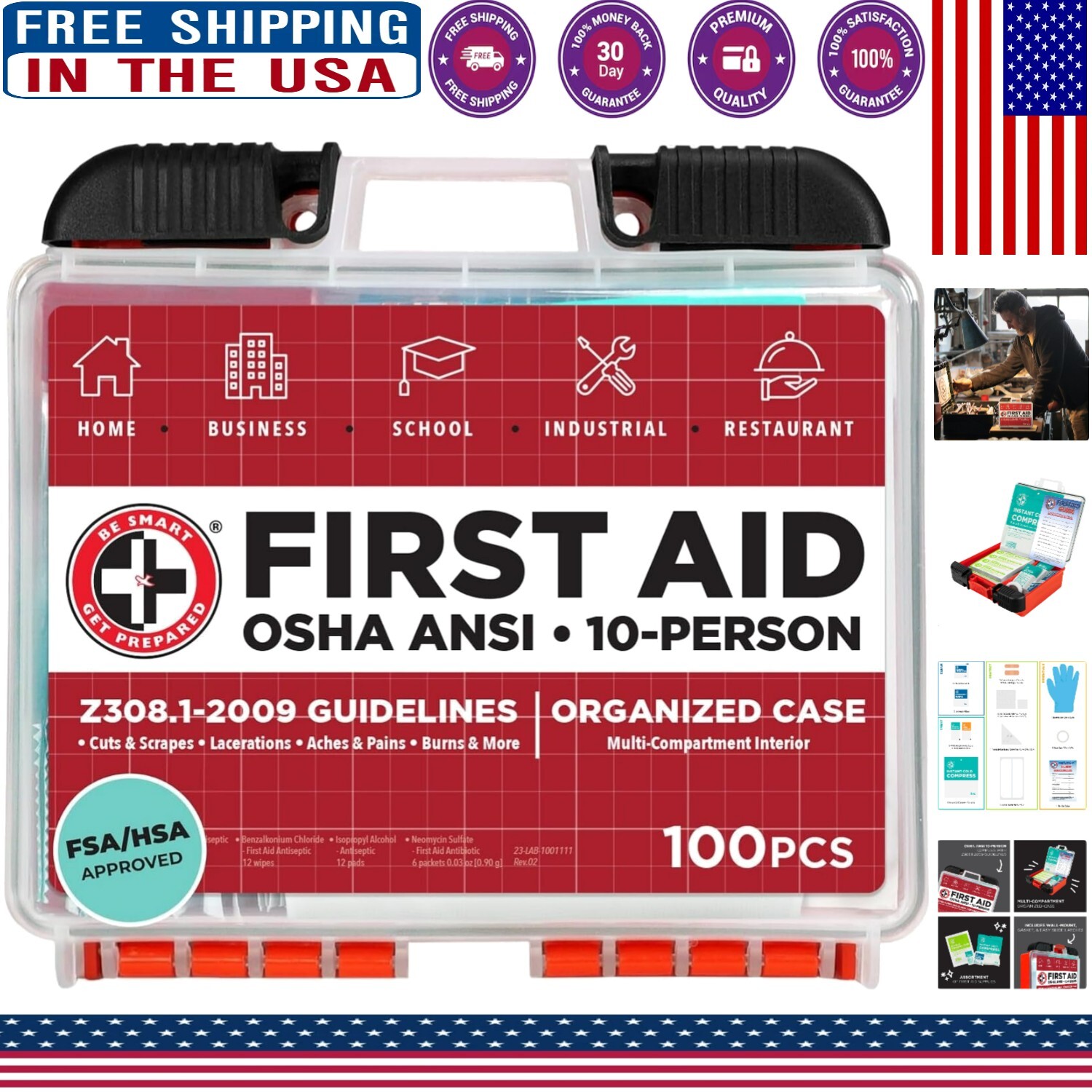 Comprehensive First Aid Kit – 100 Pieces, OSHA/ANSI Certified for Home & Office