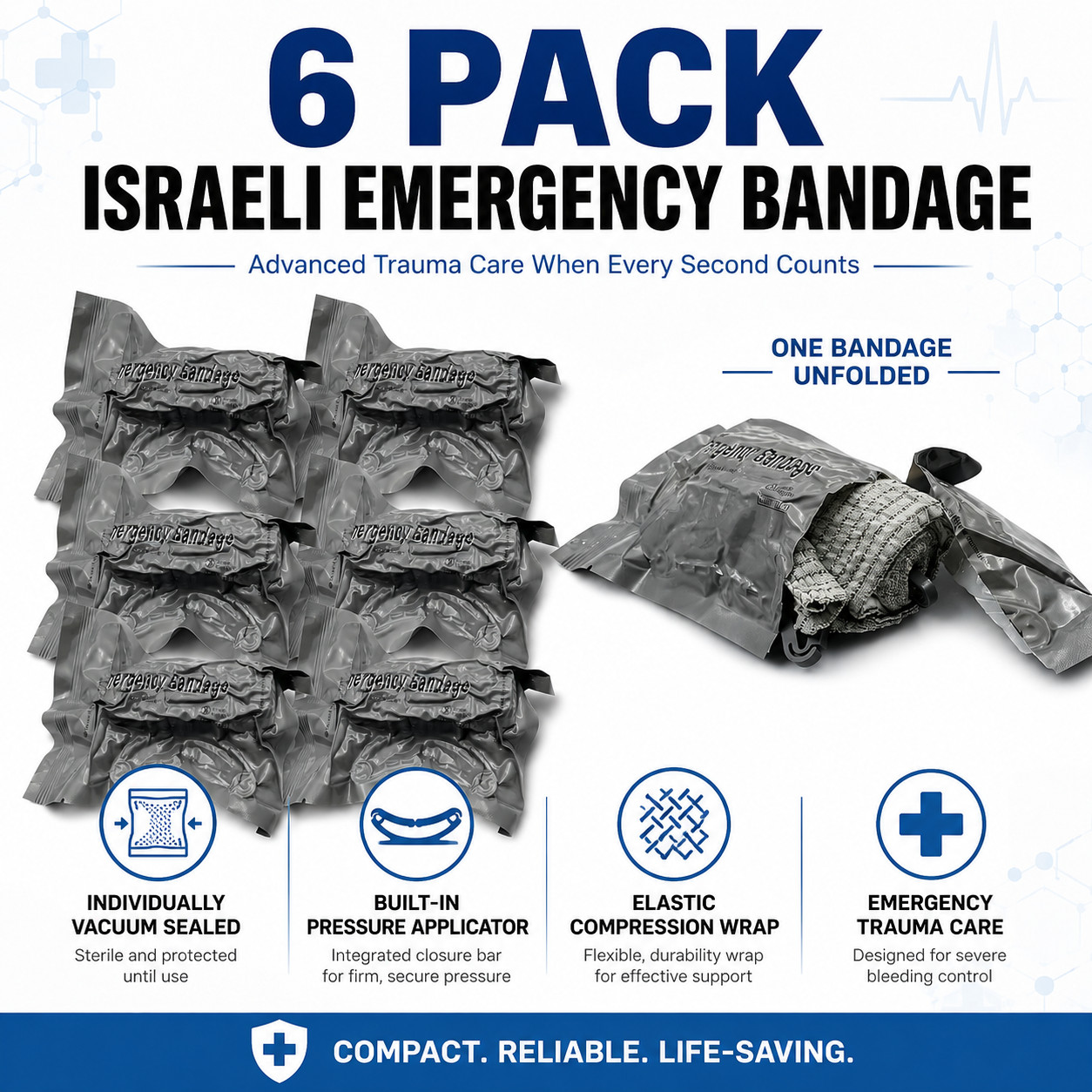 6 PACK 4" Trauma Bandage Emergency Israeli Style Battle Wound Dressing First Aid