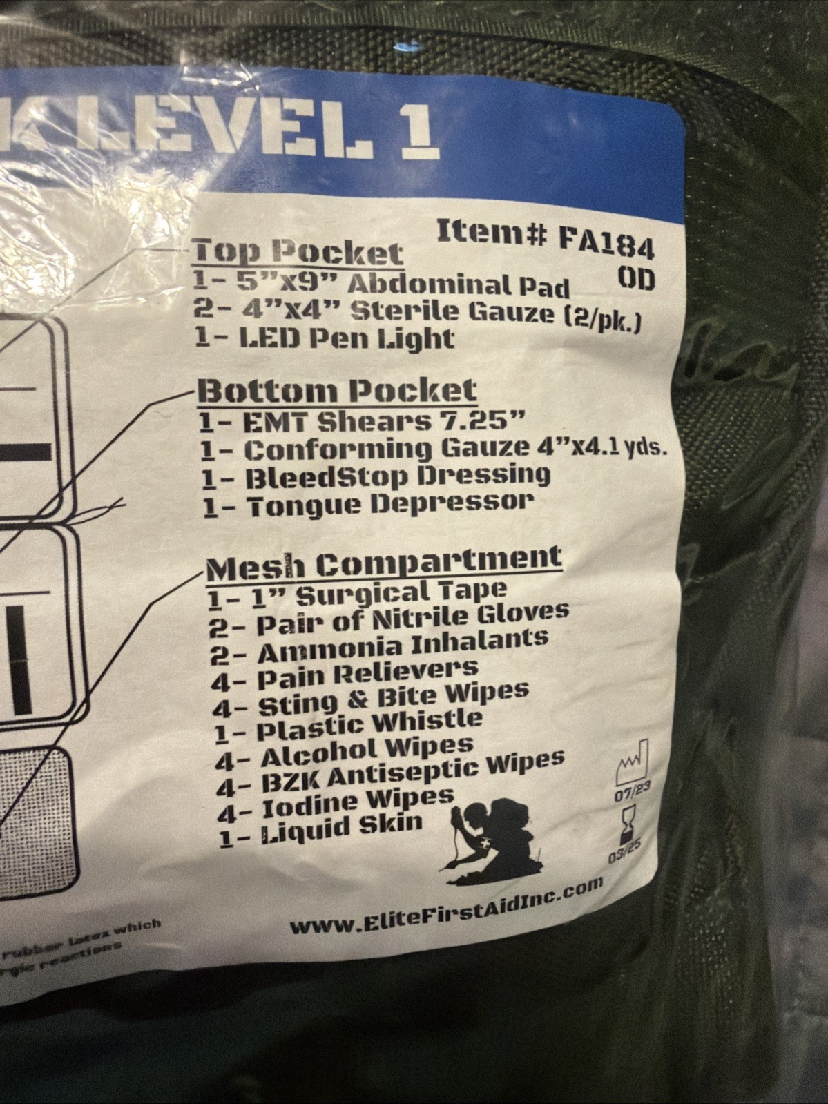 Elite First Aid GP IFAK Level 1 Kit w/ Molle & Rip-Away Back for Auto Head Rest