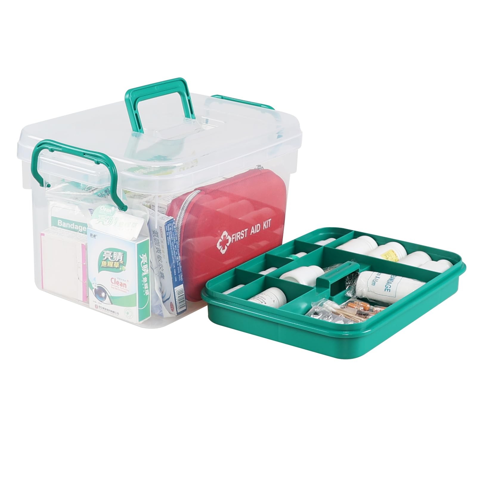 Waikhomes Plastic Divided First Aid Storage Box Kit, Portable Handled Clear