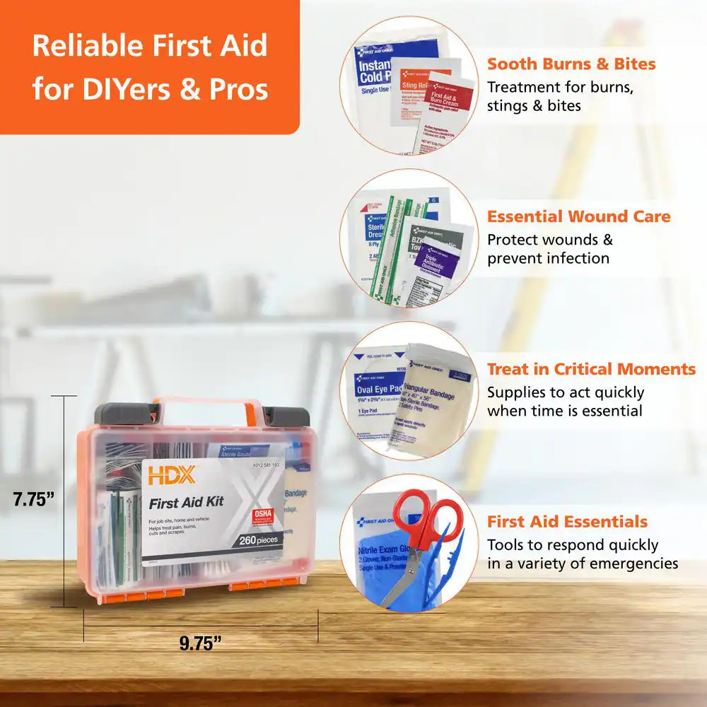 First Aid Kit 260 Piece OSHA Compliant Emergency Medical Supplies Hard Case Home