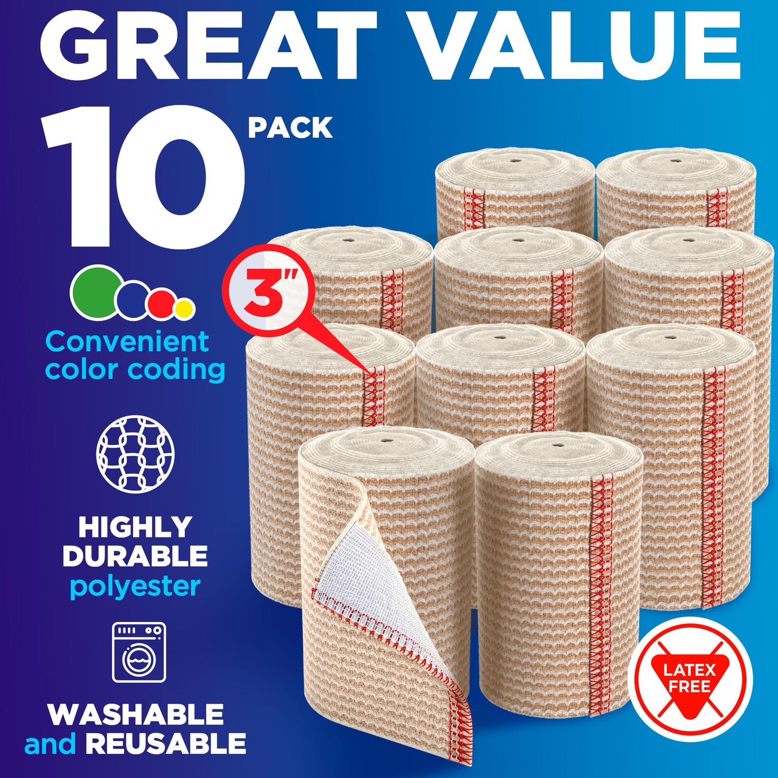 Premium Elastic Bandage Wrap – 3” (10pk) – Strong Compression 10 Pack, Beige