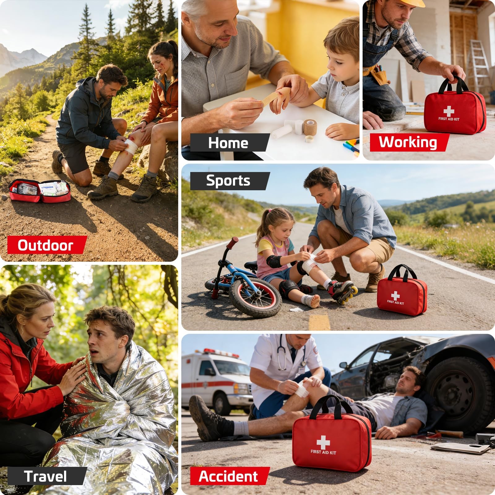 Portable First Aid Kit, Emergency Preparedness Supplies for 382 Pack, Red