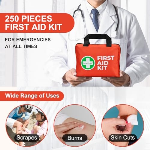 General Medi 250 Piece Small First Aid Kit – Foil Blanket, Cold Pack, Scissors