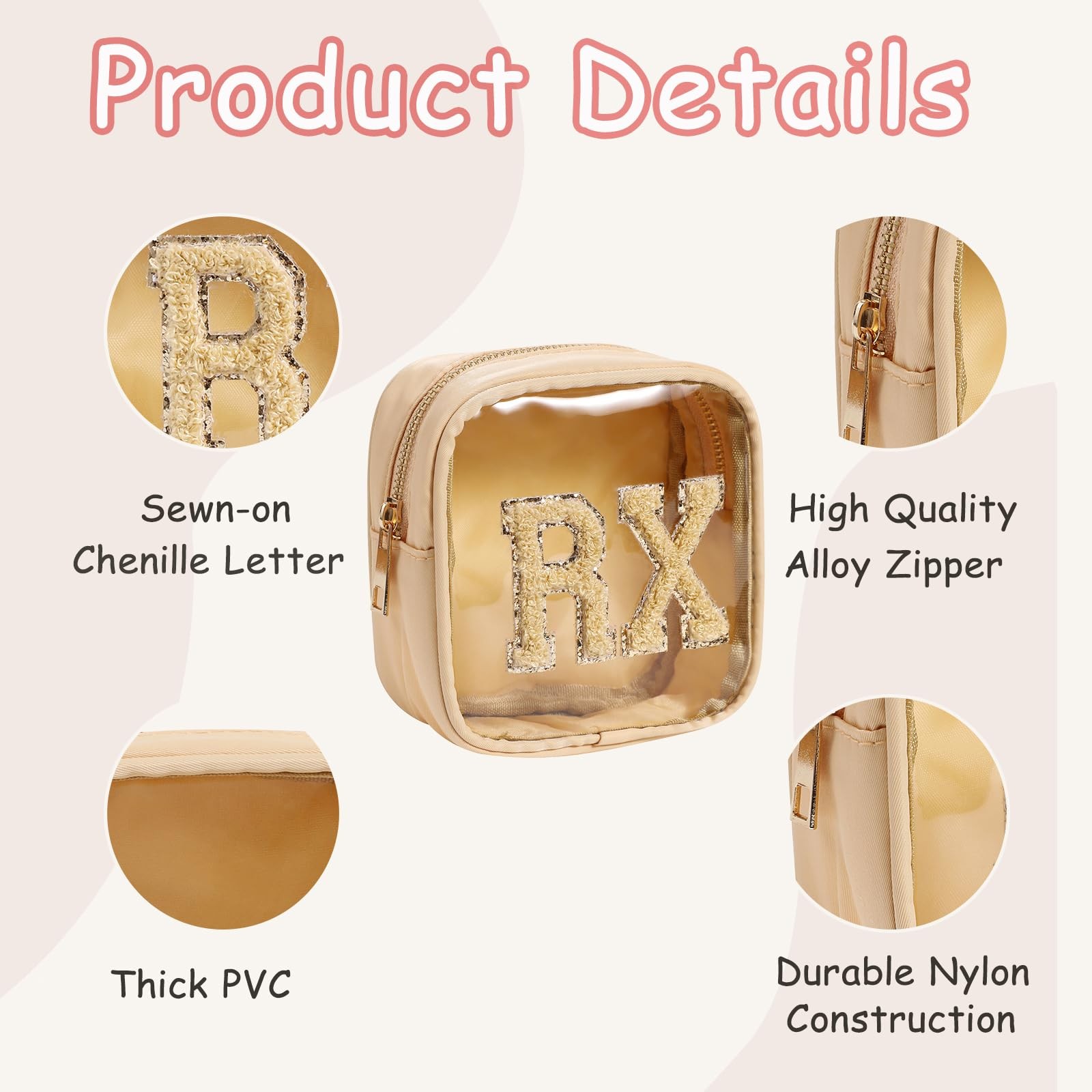 RSRSLEII Small Chenille Letter Clear Medicine Makeup Bags,Nylon PVC 07Khaki