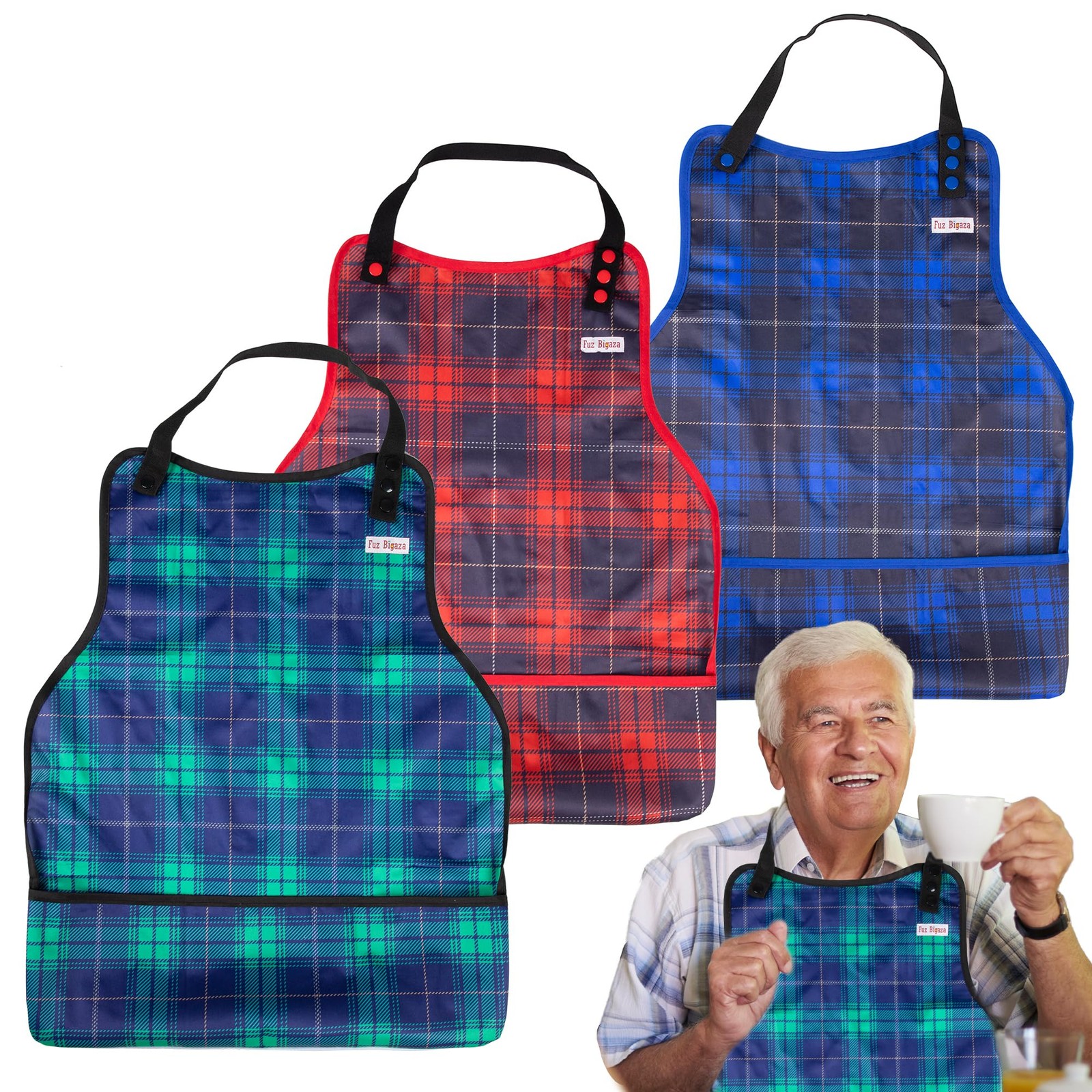 3 Pack Adult Bibs for Men, Washable Clothing Protector with Large, Check
