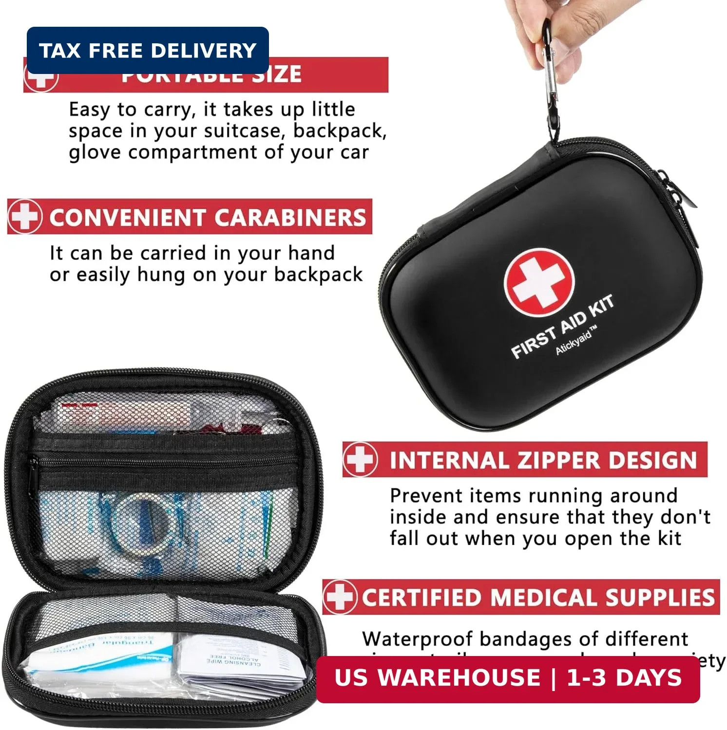 Mini First Aid Kit – 120 Piece Small Waterproof Hard Shell Medical Kit for Car,