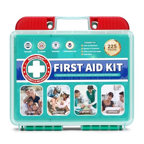 225 Pieces First Aid Kit, Includes Ice Pack, Adhesive Bandages, Wound Gauze