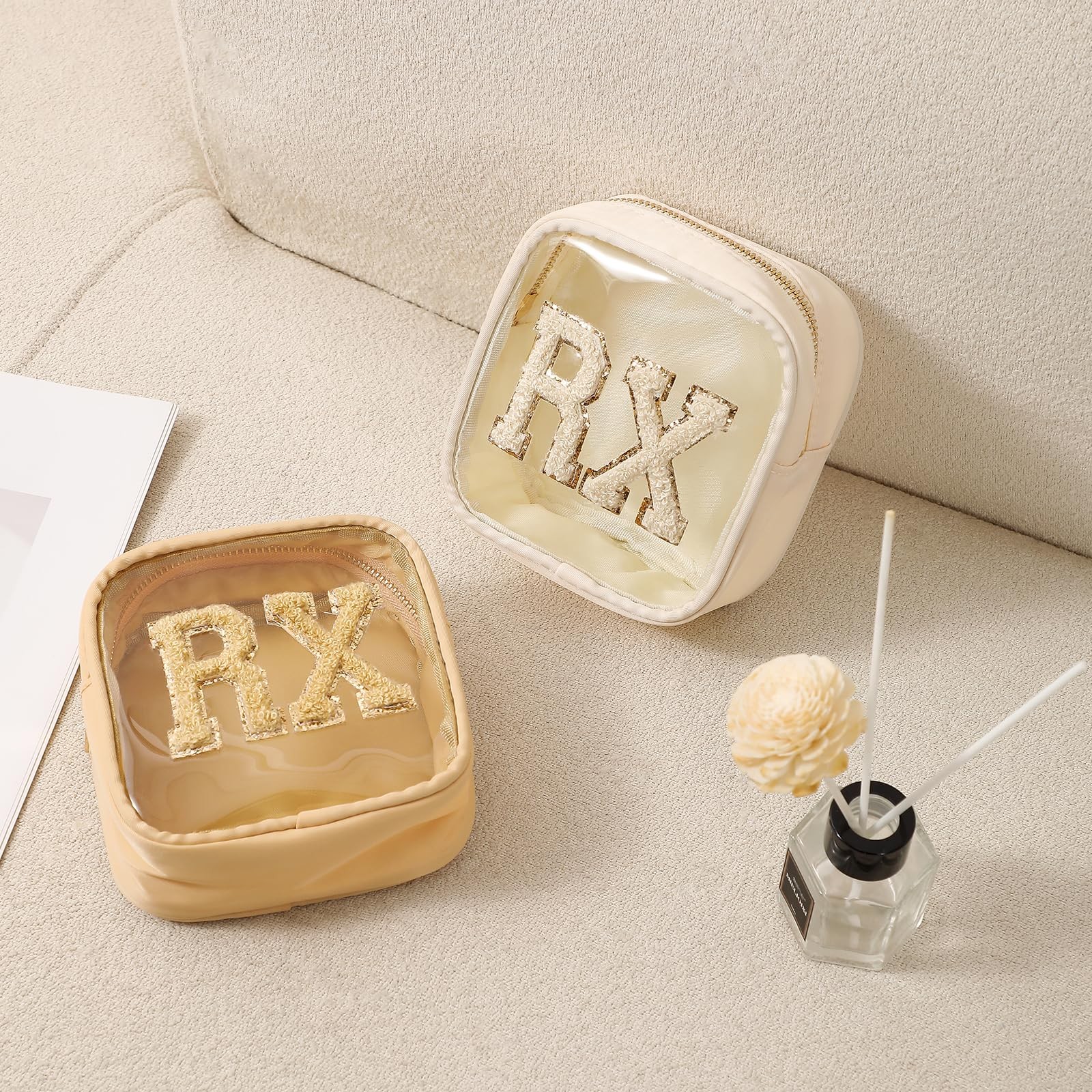 RSRSLEII Small Chenille Letter Clear Medicine Makeup Bags,Nylon PVC 07Khaki