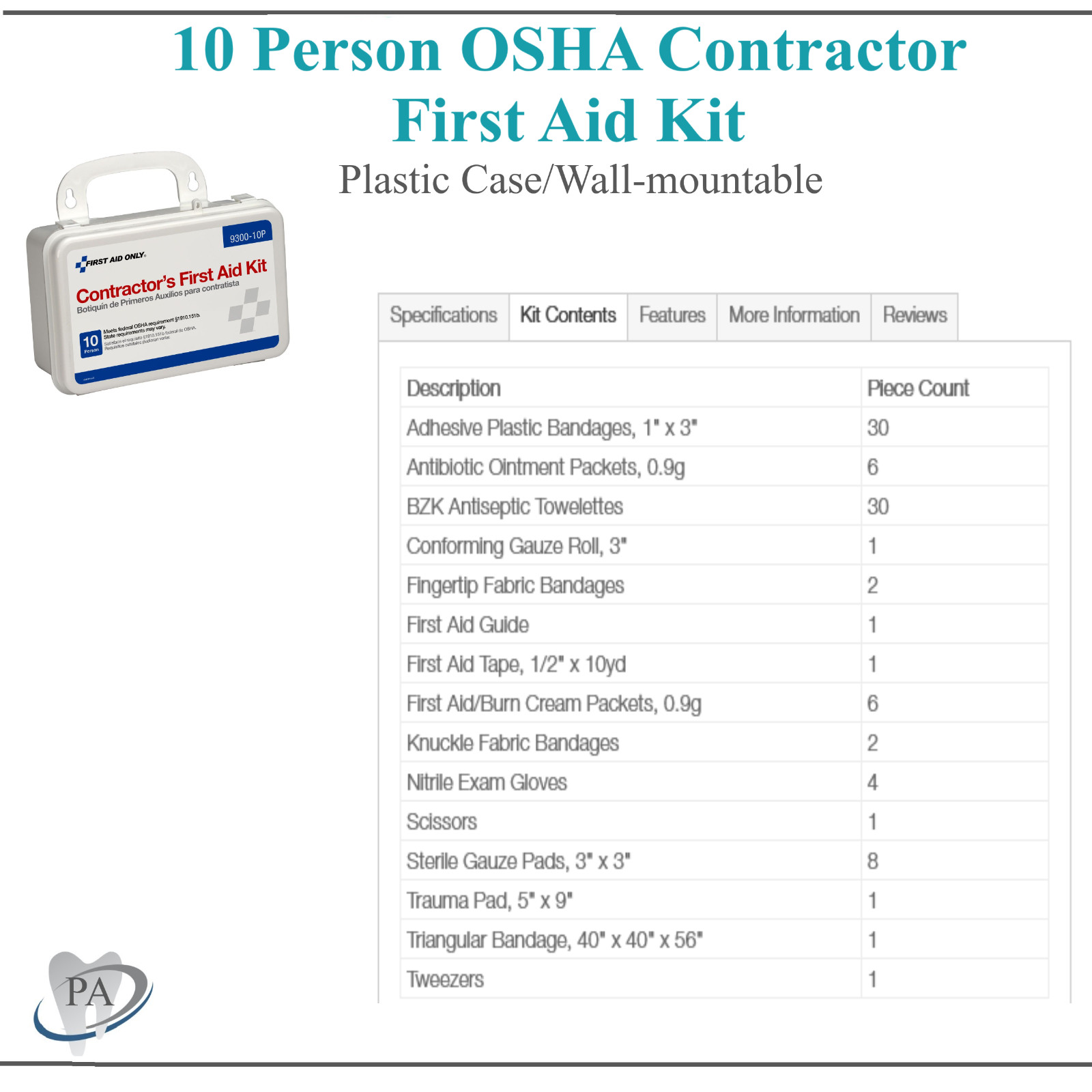 10 Person Contractor First Aid Kit OSHA Compliant, 95 Pcs/Case, Wall Mountable