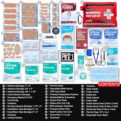 211 PCS Waterproof First Aid Kit, IPX7 Rated Dry Bag with Airtight Zipper,