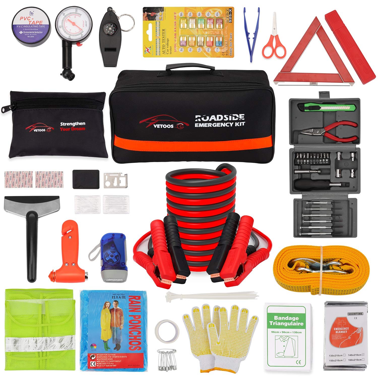 Vetoos Roadside Emergency Car Kit with Jumper Cables, Auto Vehicle Black