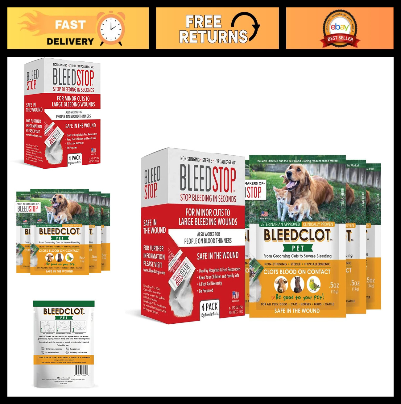 First Aid Blood Clotting Powder for Humans & Pets – 8 Pouches, Fast Action