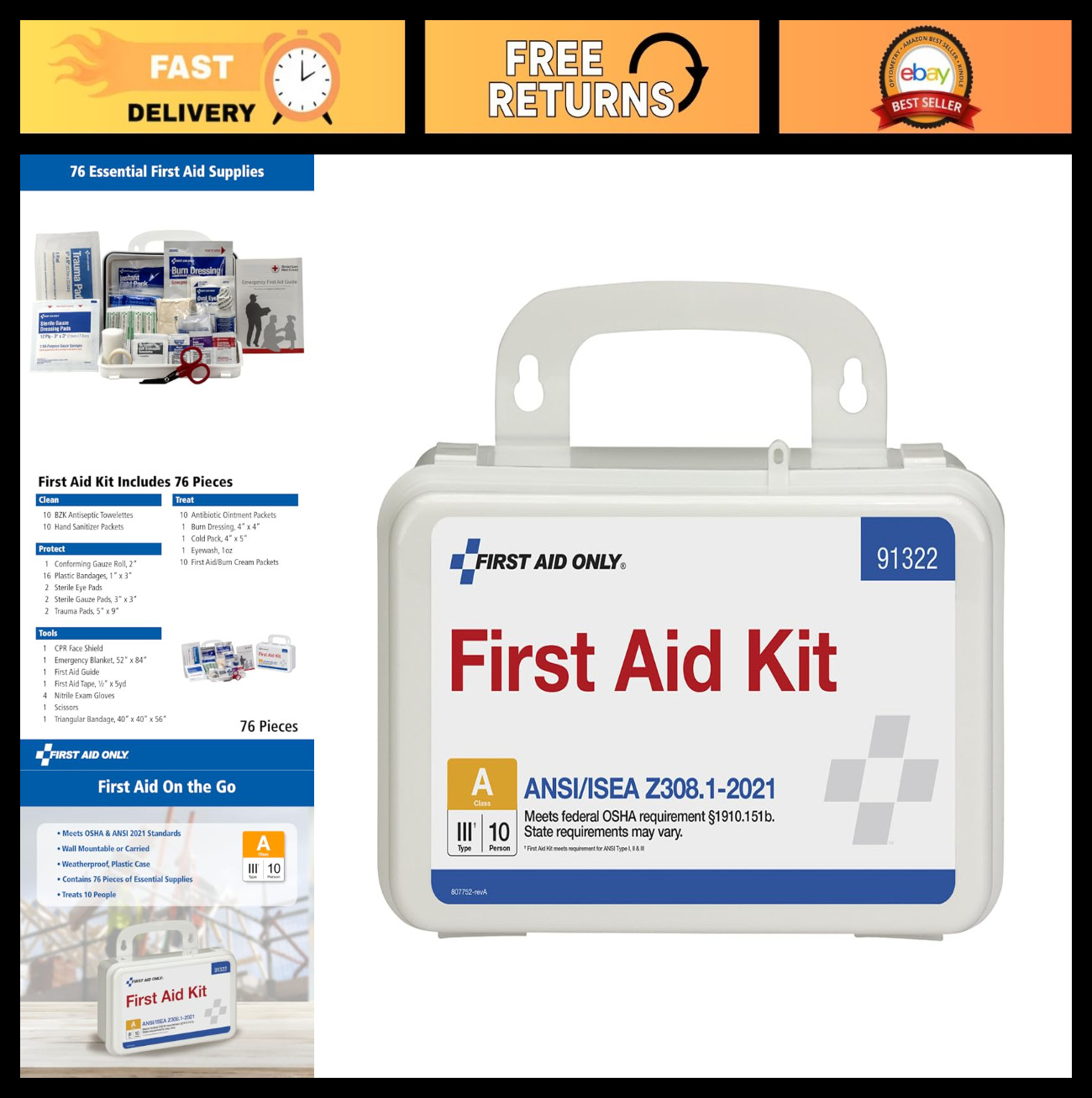 ANSI & OSHA Compliant First Aid Kit for 10 People – 76-Piece Emergency Kit for H