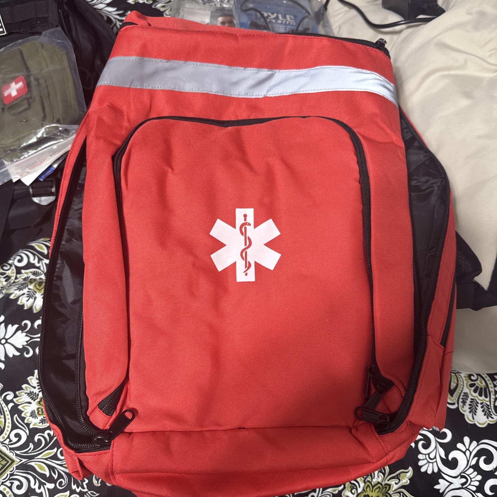 Red Portable First Aid Backpack Bag w/ Star of Life Symbol & Reflective Strip
