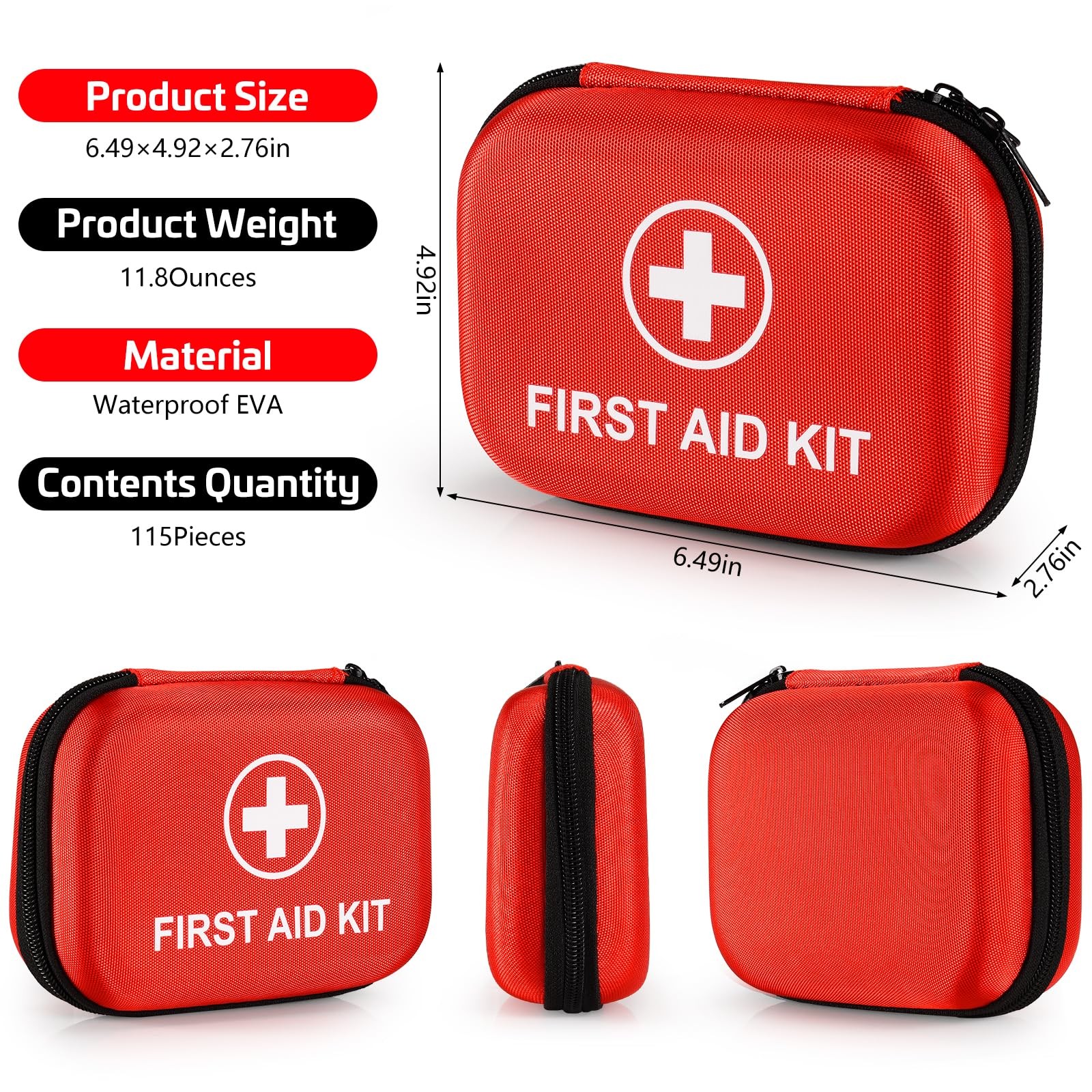 115 Piece Hard-Shell Portable EVA Emergency Medical Kit, 115 Pack, Red
