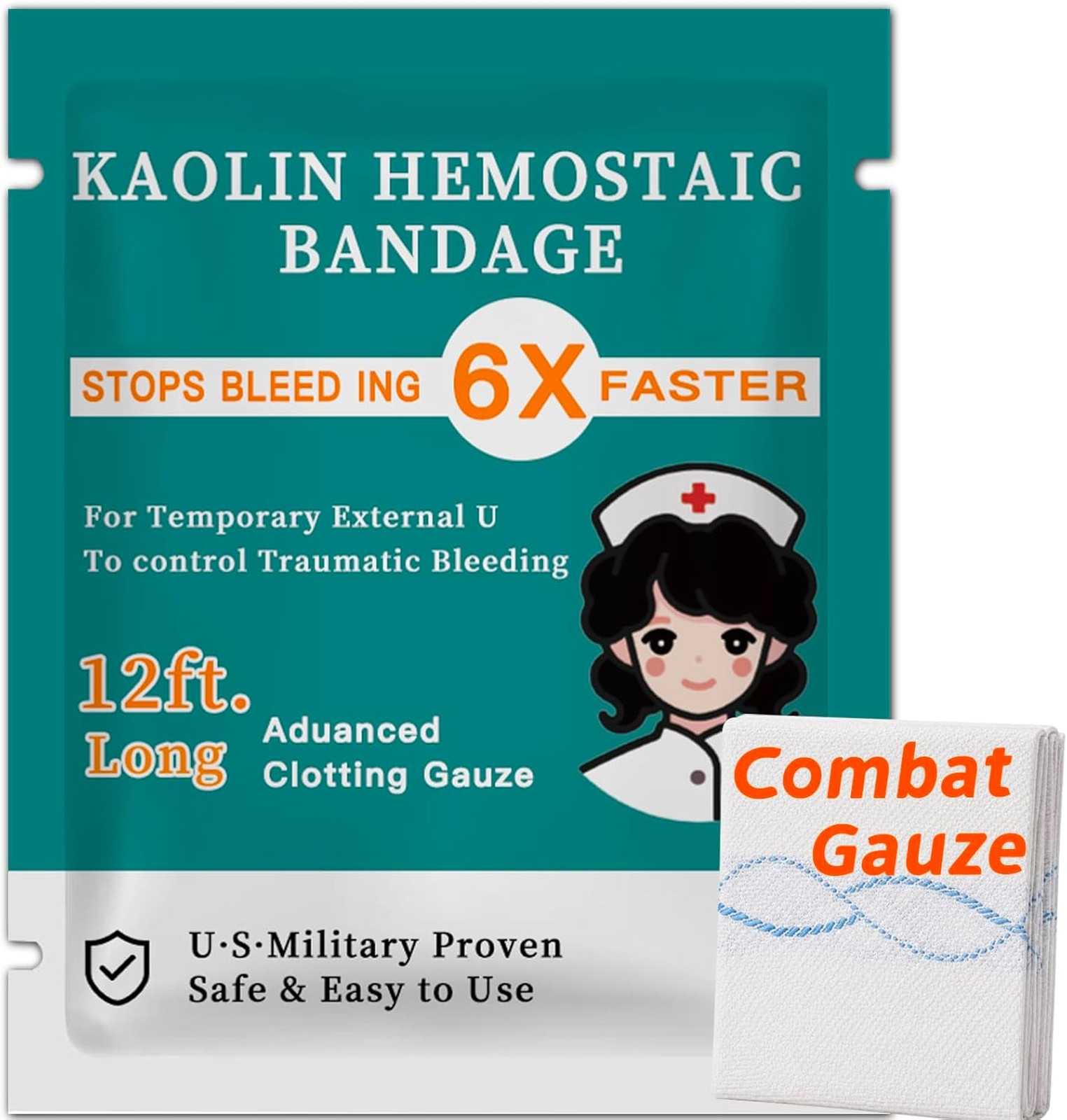 First Aid Gauze Quick Clot Hemostatic Wound Packing Kit 3 x 12.5 inches Bleed