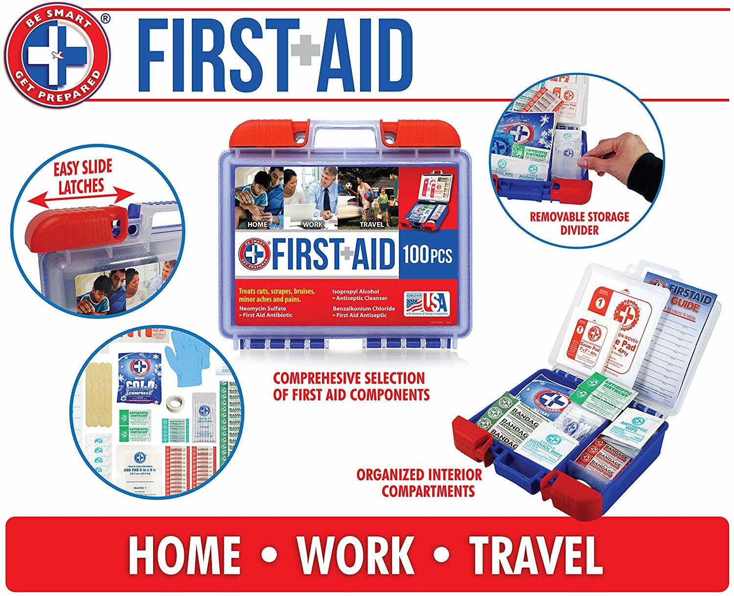 100 Piece First Aid Kit, Clean, Treat & Protect Most Injuries Isopropyl Alcohol