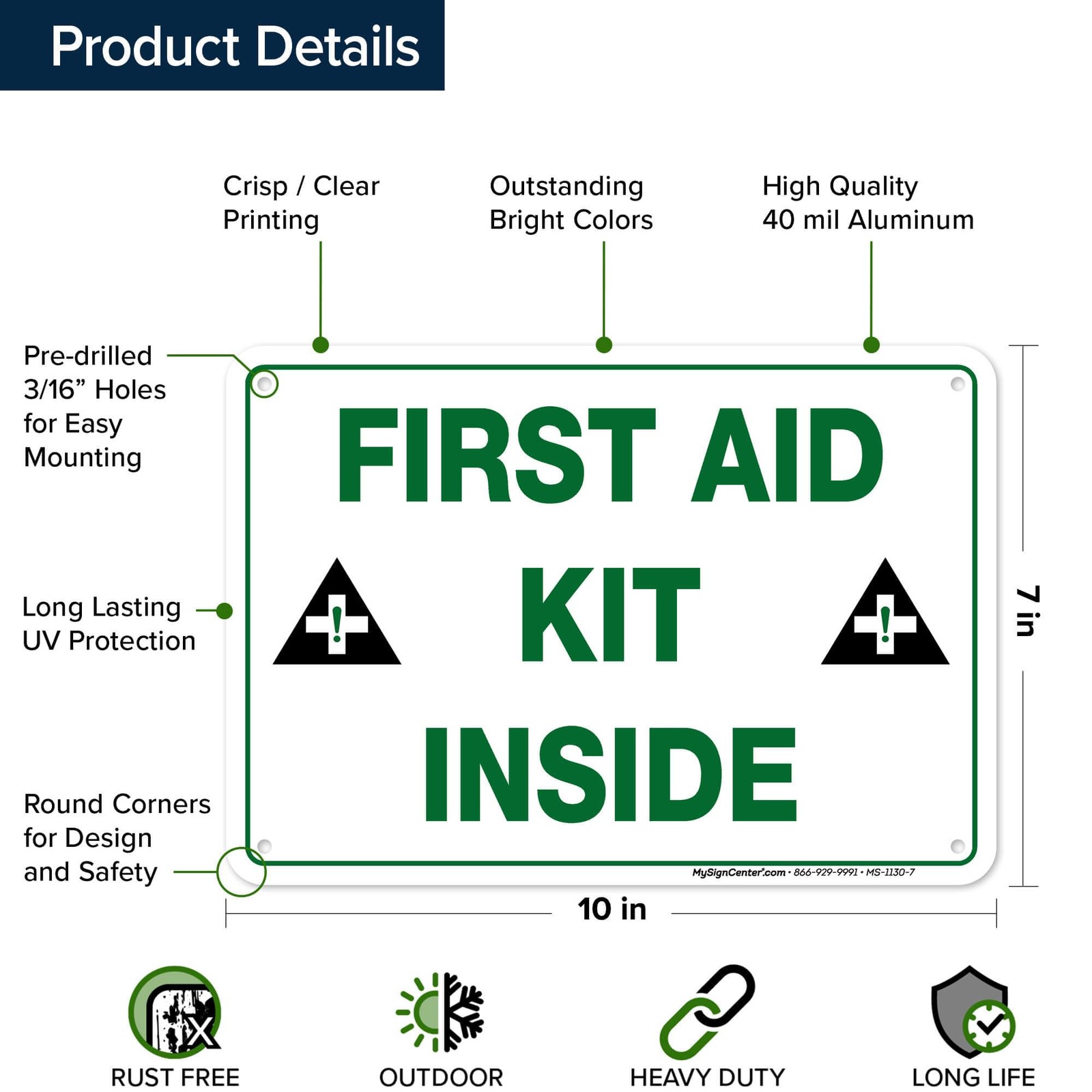 First Aid Kit Inside Sign, 7" x 10" 0.40 Aluminum, Fade 7×10 White