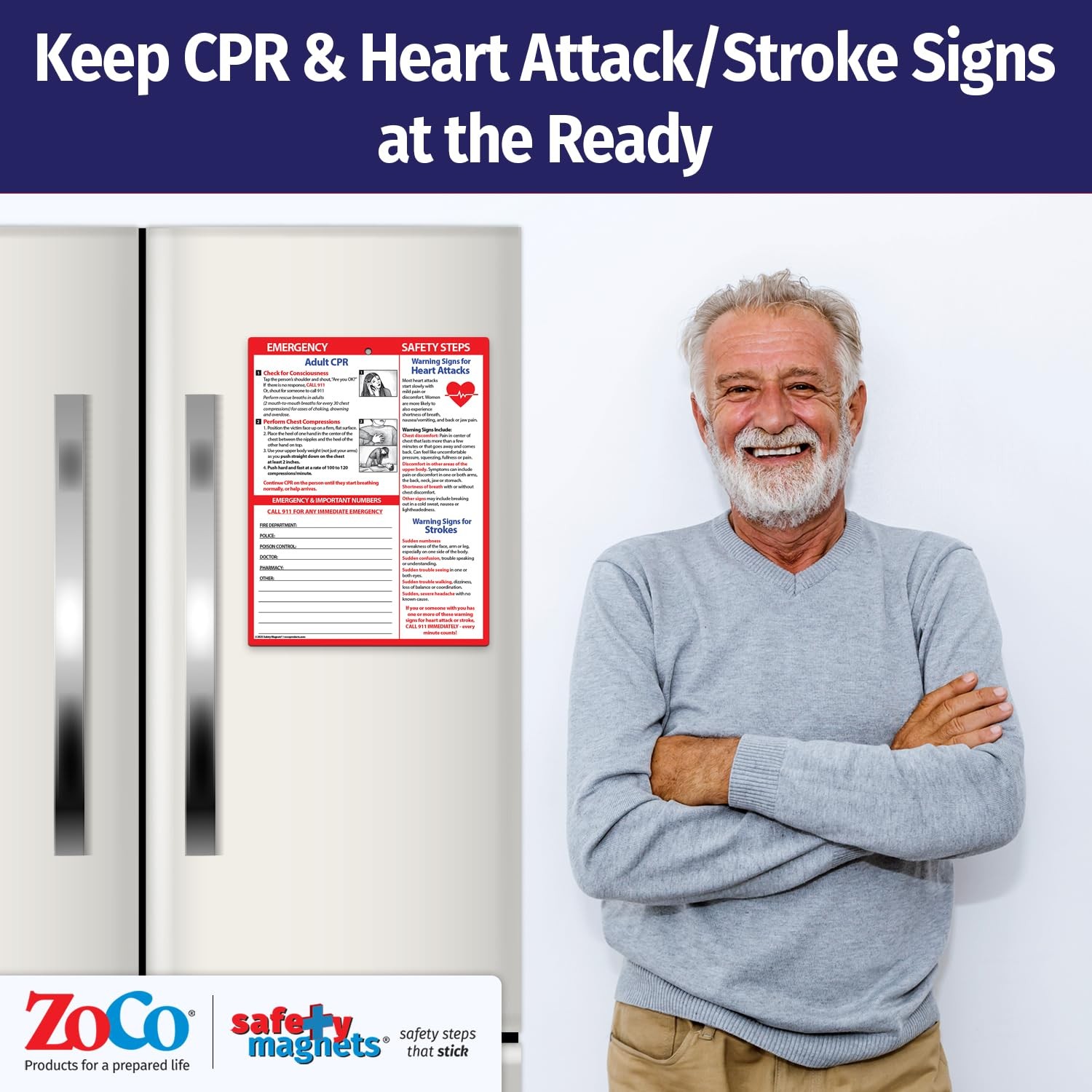 Safety Magnets by ZOCO – Adult CPR, Heart Attack and 8.5 x 11 Inch, White