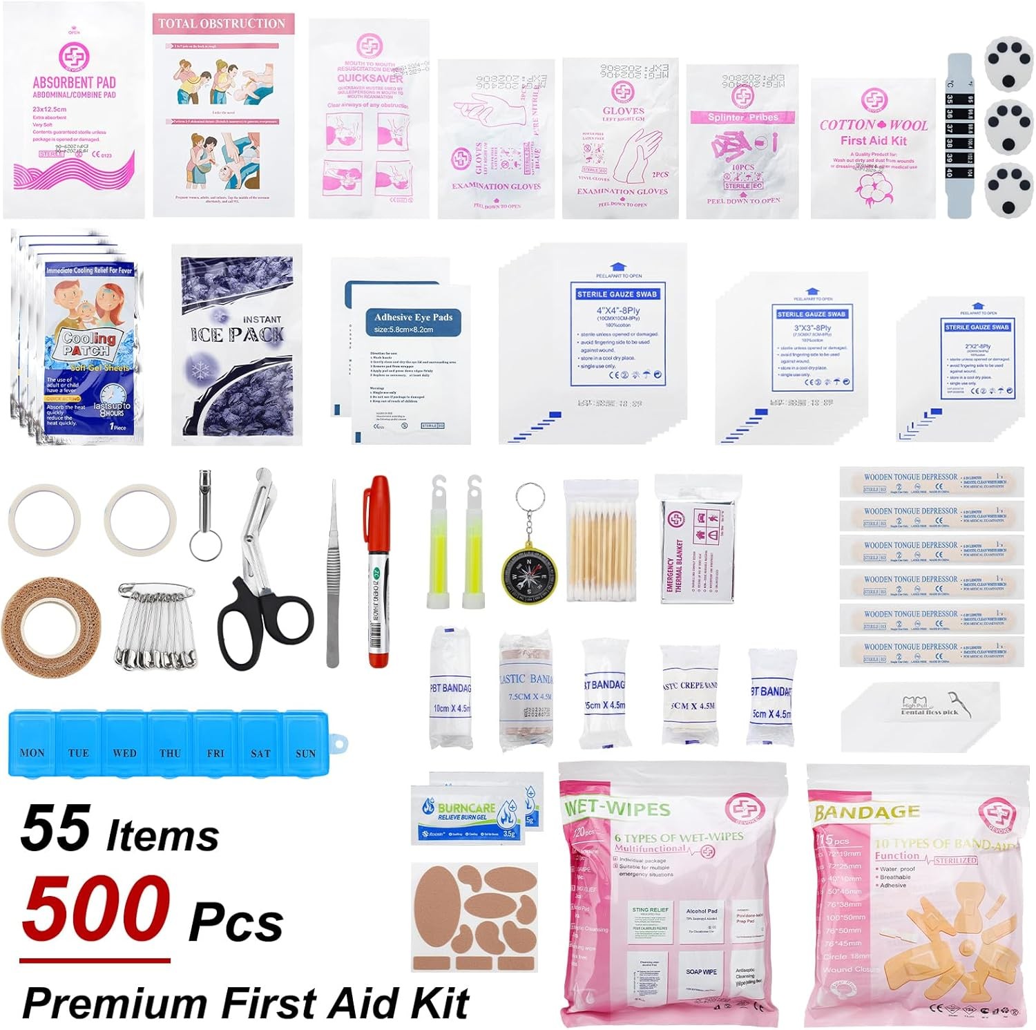 Professional 500 Piece Emergency First Aid Kit for Home, Car, Travel, Camping, T
