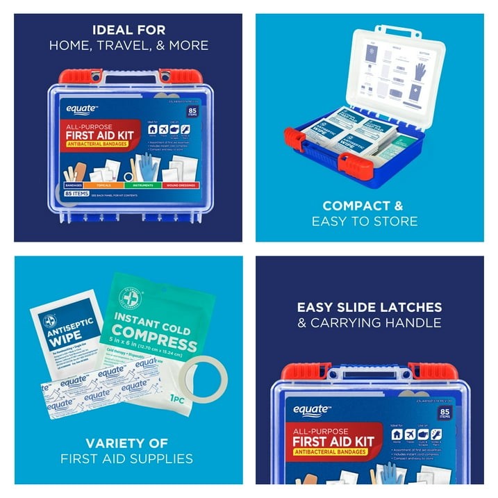 Equate On-the-Go First Aid Kit – Home, Travel, Office, Auto, School, 85 Pieces