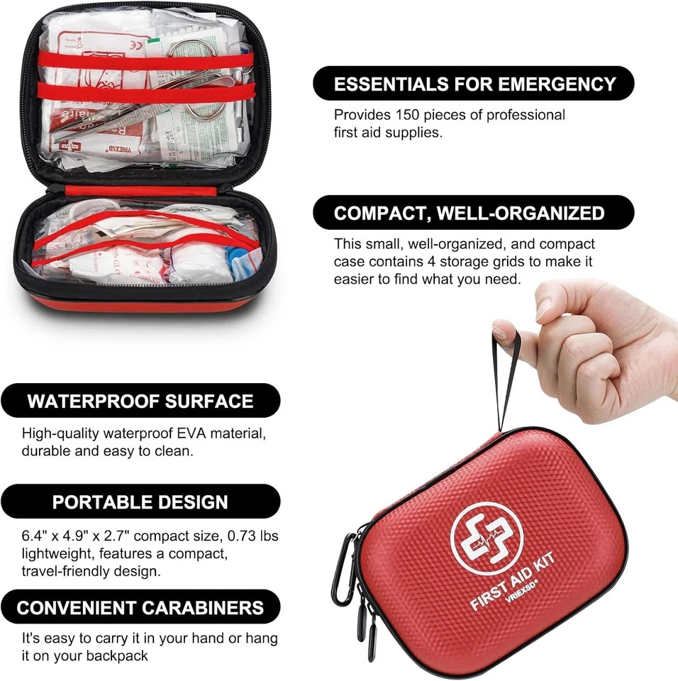Mini First Aid Kit – 150 Piece Small Waterproof Hard Shell Medical Kit for Home,