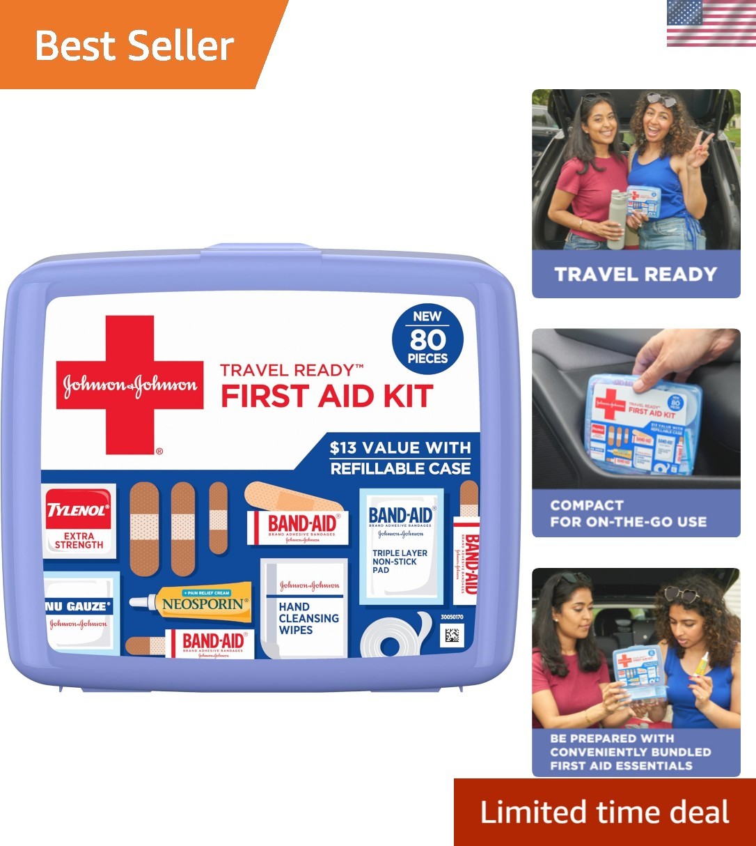 Johnson & Johnson Travel First Aid Kit – 80-Piece Portable Solution for Families