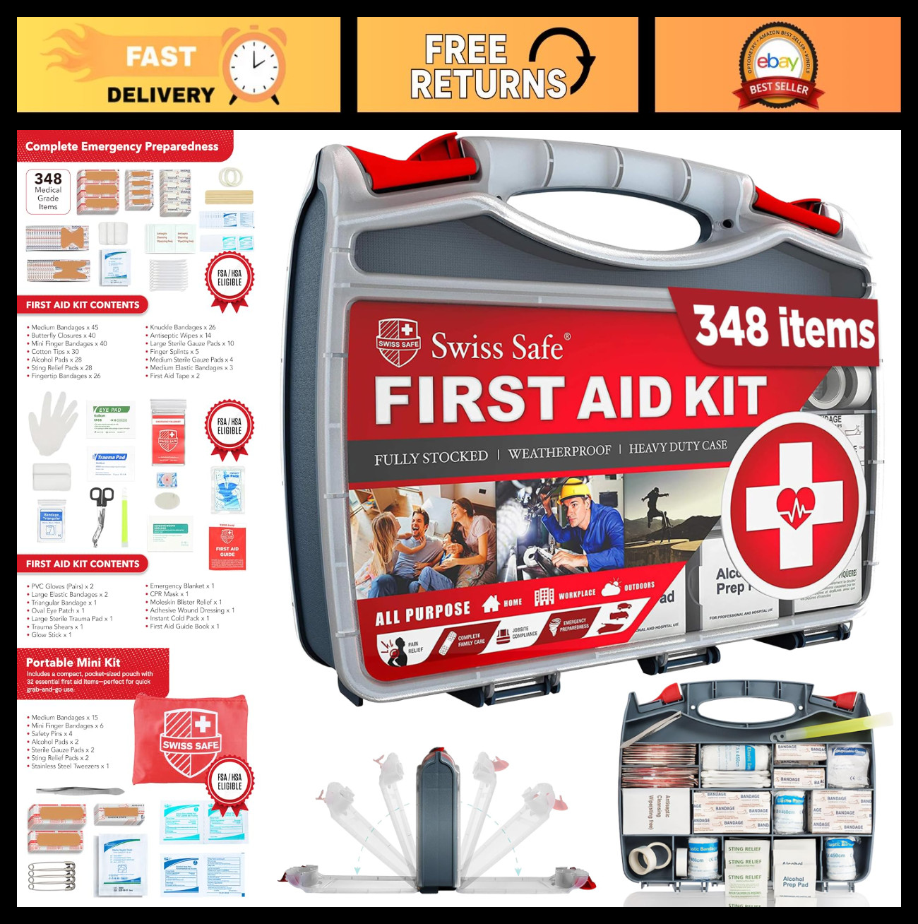 2-in-1 First Aid Kit for Car, Travel & Home – 348 Pcs Medical Emergency Aid, Sur