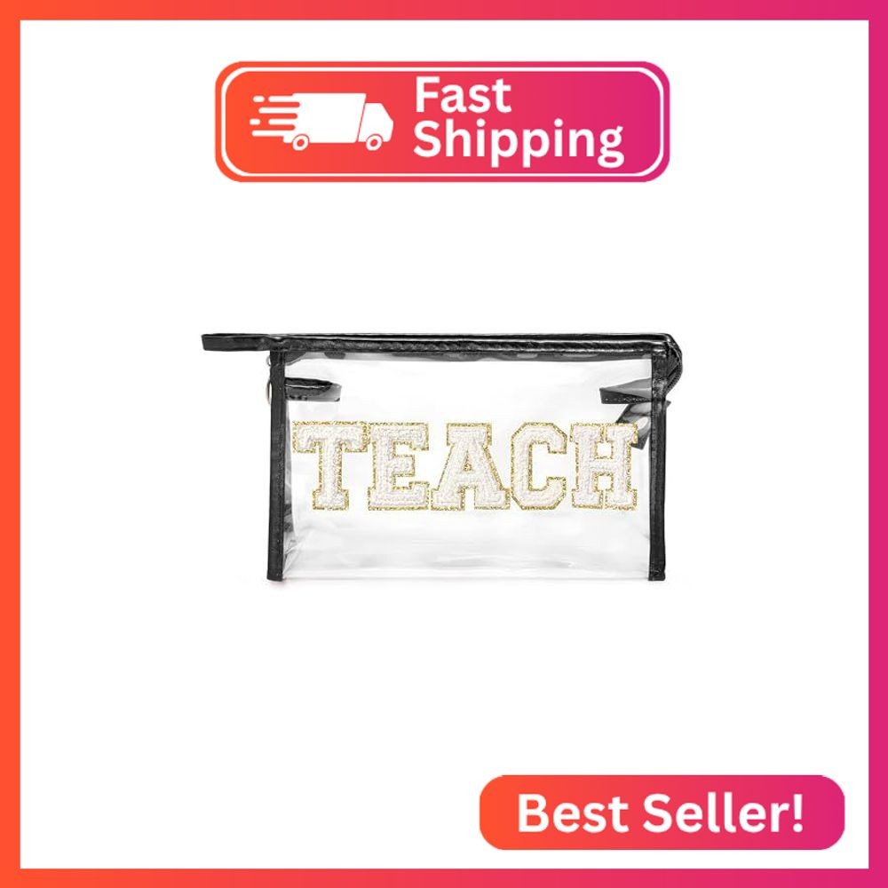 CY2SIDE TEACH Clear Makeup Bag – White TEACH Letter Patch Cosmetic Bag with Hand