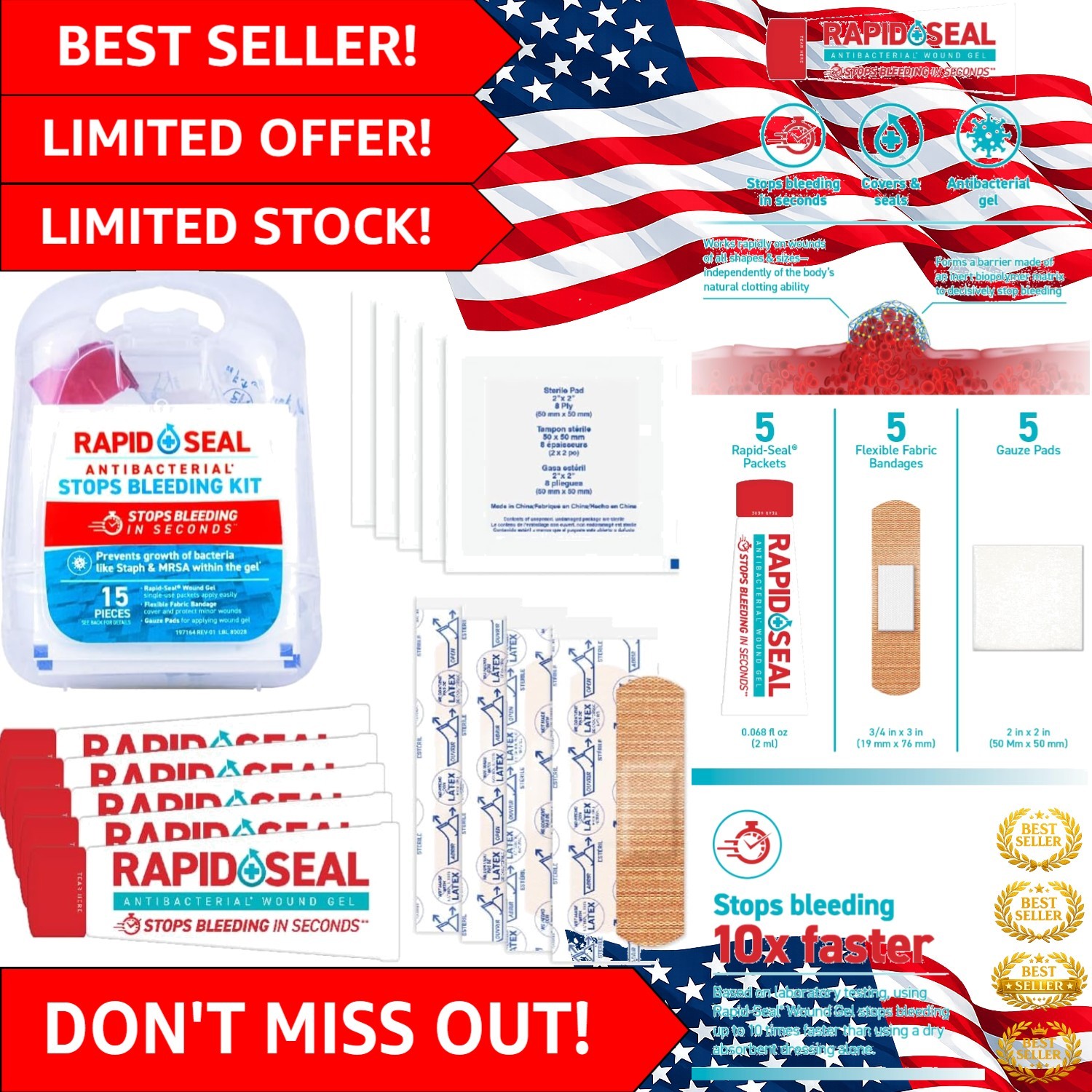 15-Piece Emergency Wound Kit | 10X Faster Bleed Control & Antibacterial Gel