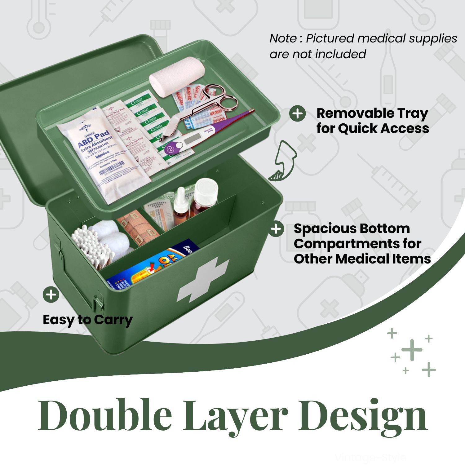 Metal First Aid Empty Box, Medicine Storage Organizer with Removable Tray Handle