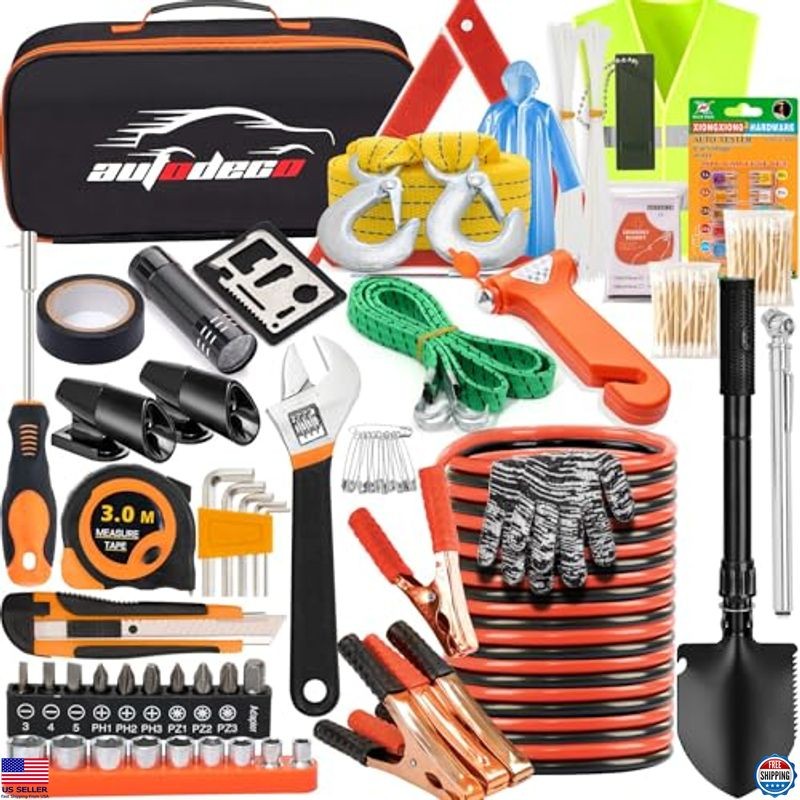 82Pcs Car Emergency Kit with Jumper Cables, Shovel & Safety Tools