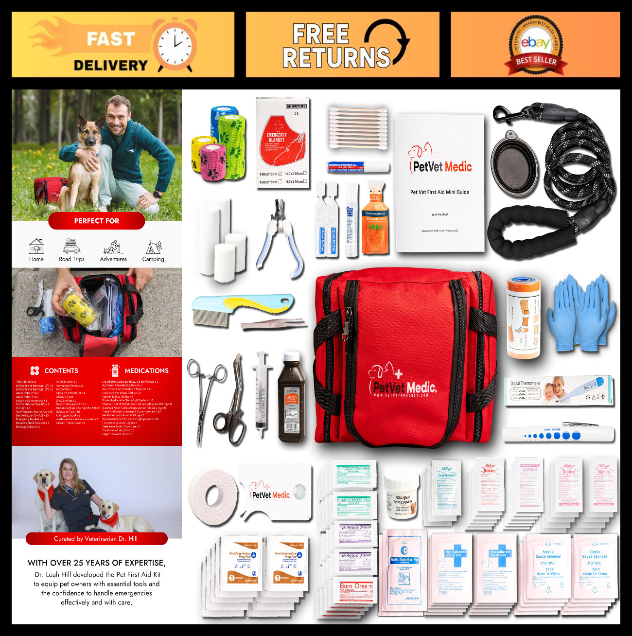 Pet First Aid Kit for Cats & Dogs – Emergency Health Supplies, Wound Care, Therm