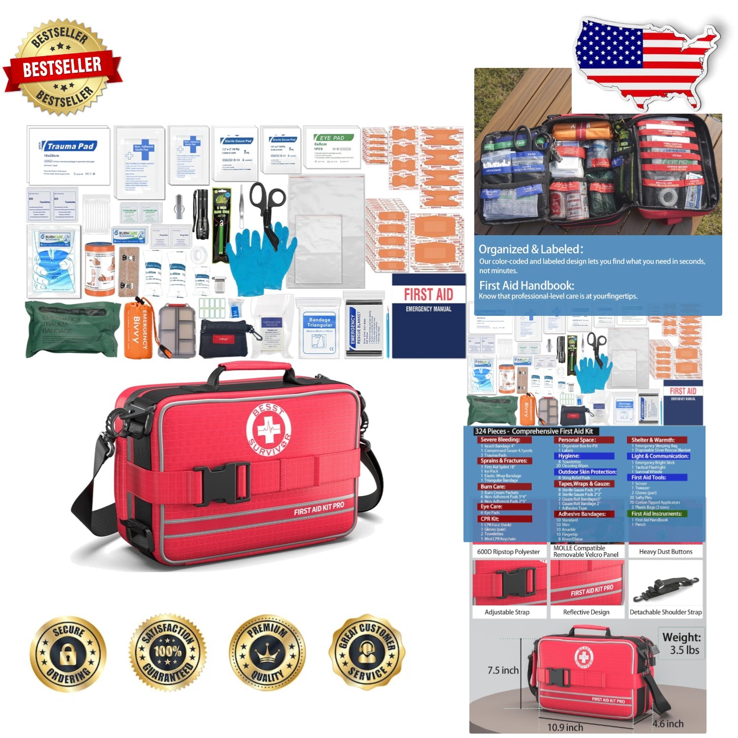 Robust 324pc First Aid Kit – Labeled Compartments, Rip-Resistant 600D Polyester